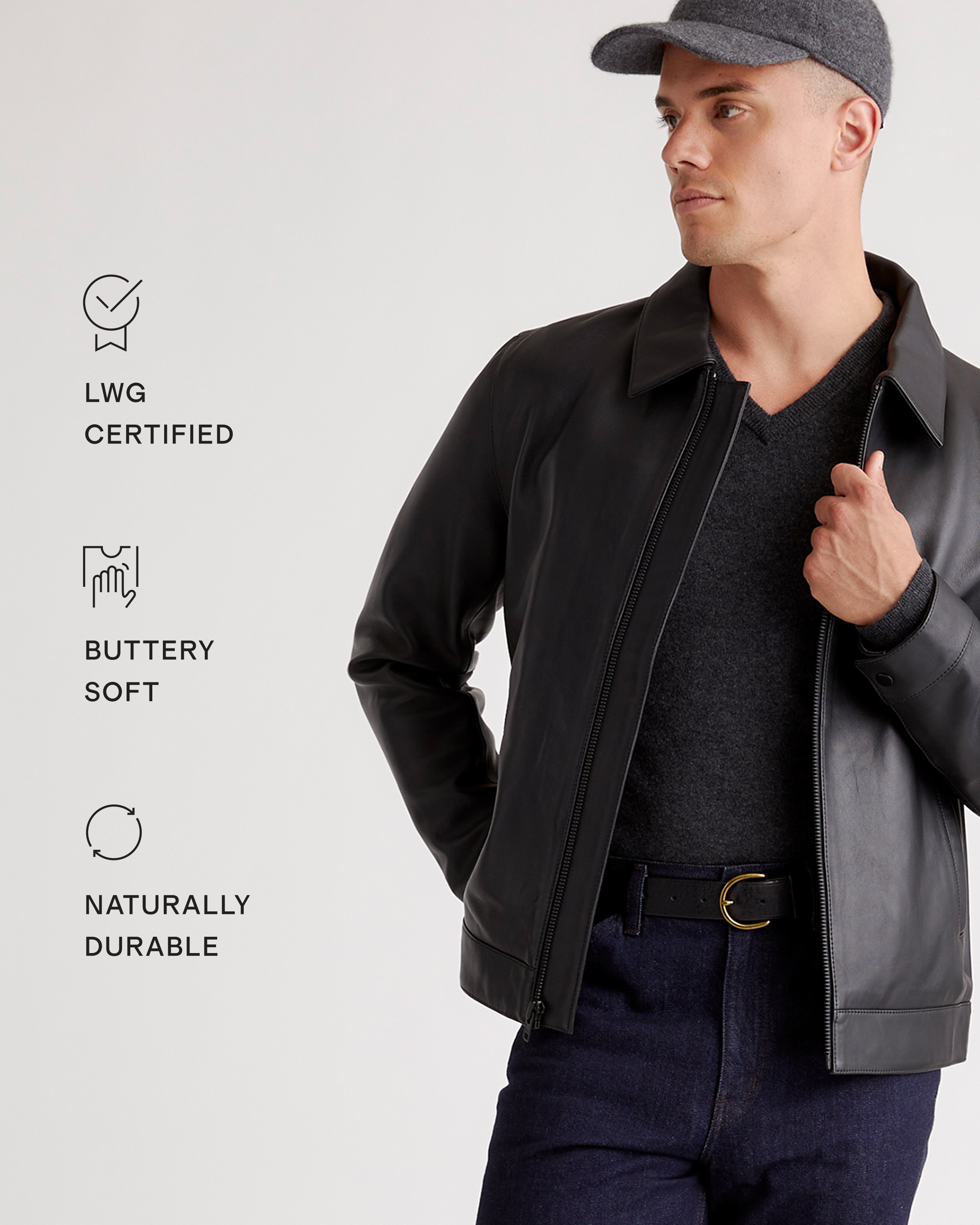 100% Leather Harrington Jacket in Black