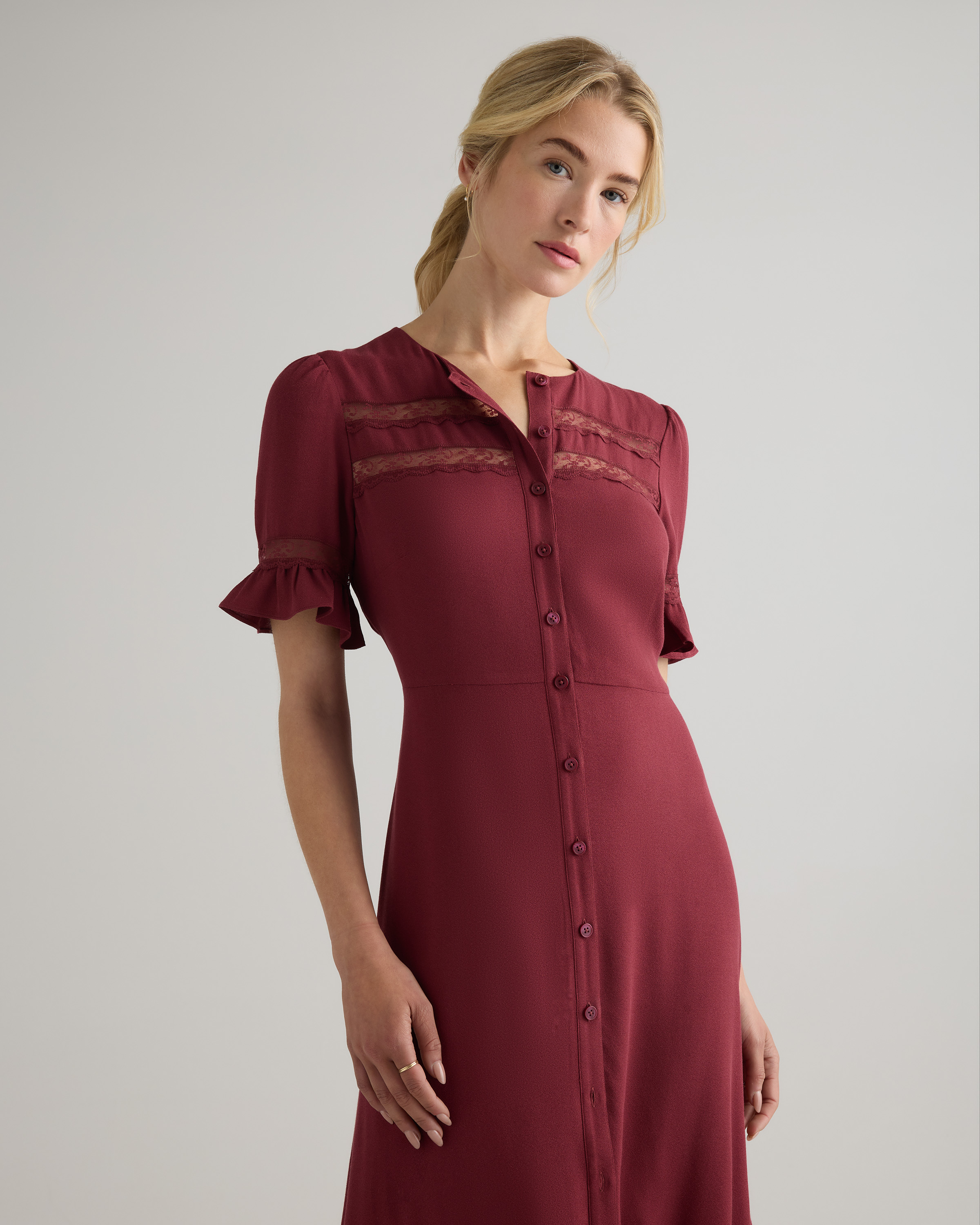 Women's Lightweight Crepe Lace Inset Midi Dress in Maroon, Size Small, Viscose by Quince