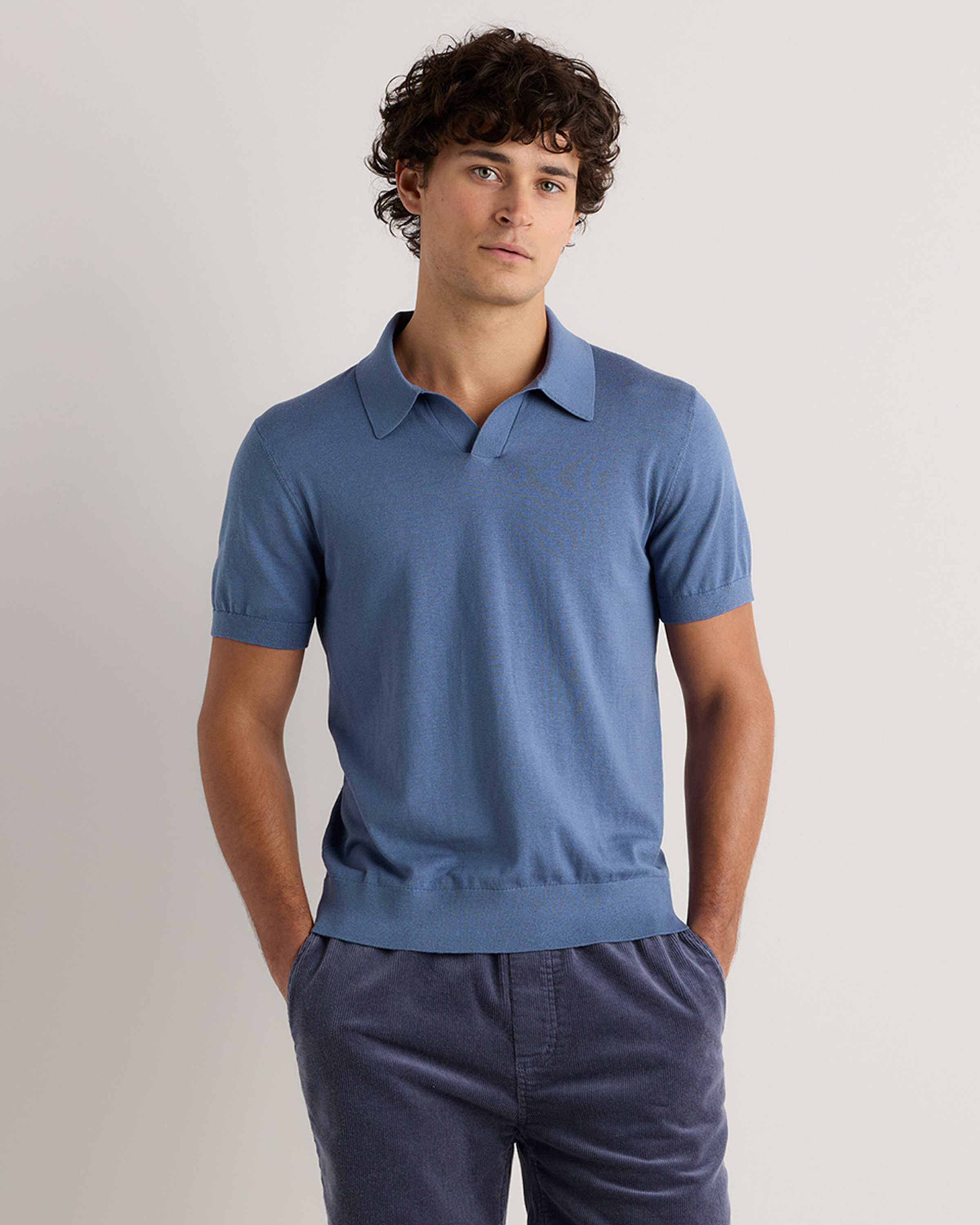 Moonstone Blue Cotton-Silk Johnny Collar Polo