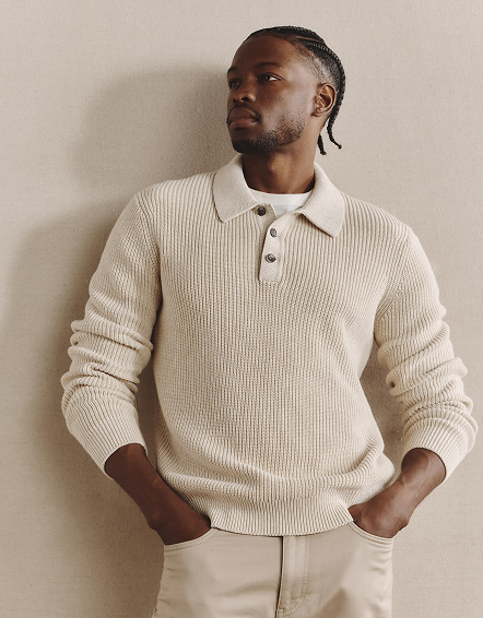 Speckled Beige 100% Organic Cotton Ribbed Polo Sweater