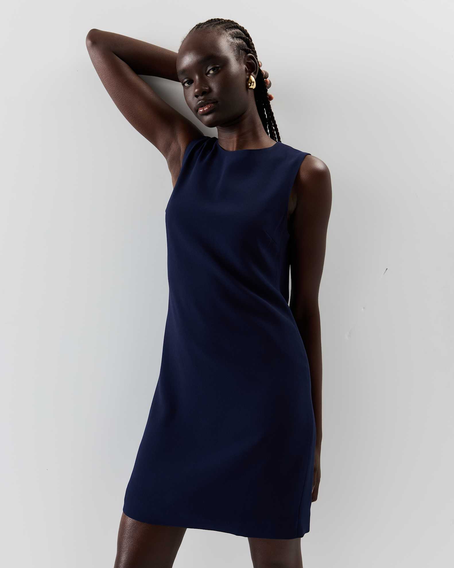 Fluid Crepe Sleeveless Mini Dress in Navy Fluid Crepe Sleeveless Mini Dress in Navy