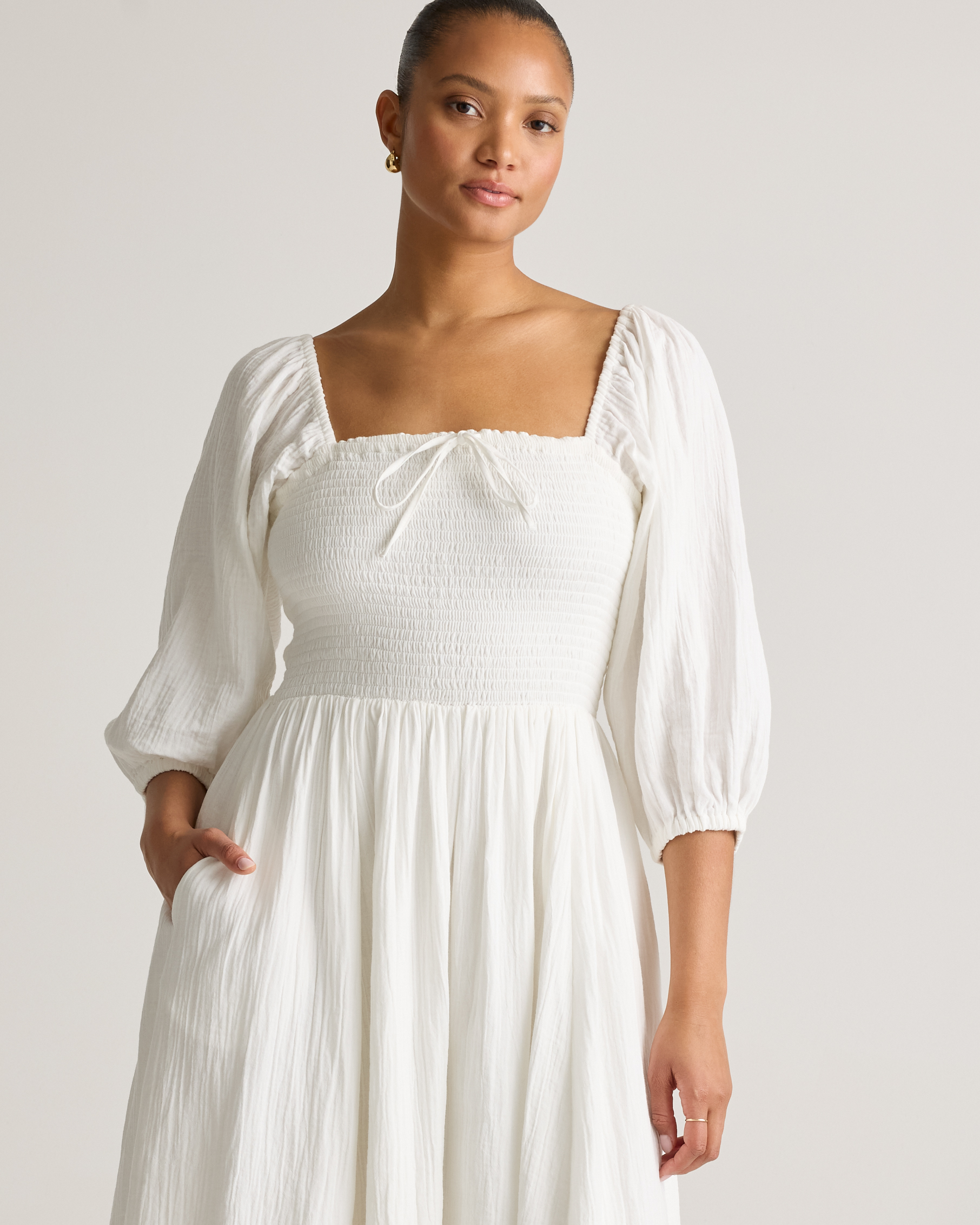 Women's Gauze Smocked Square Neck Midi Dress in White, Size Small, Organic Cotton by Quince