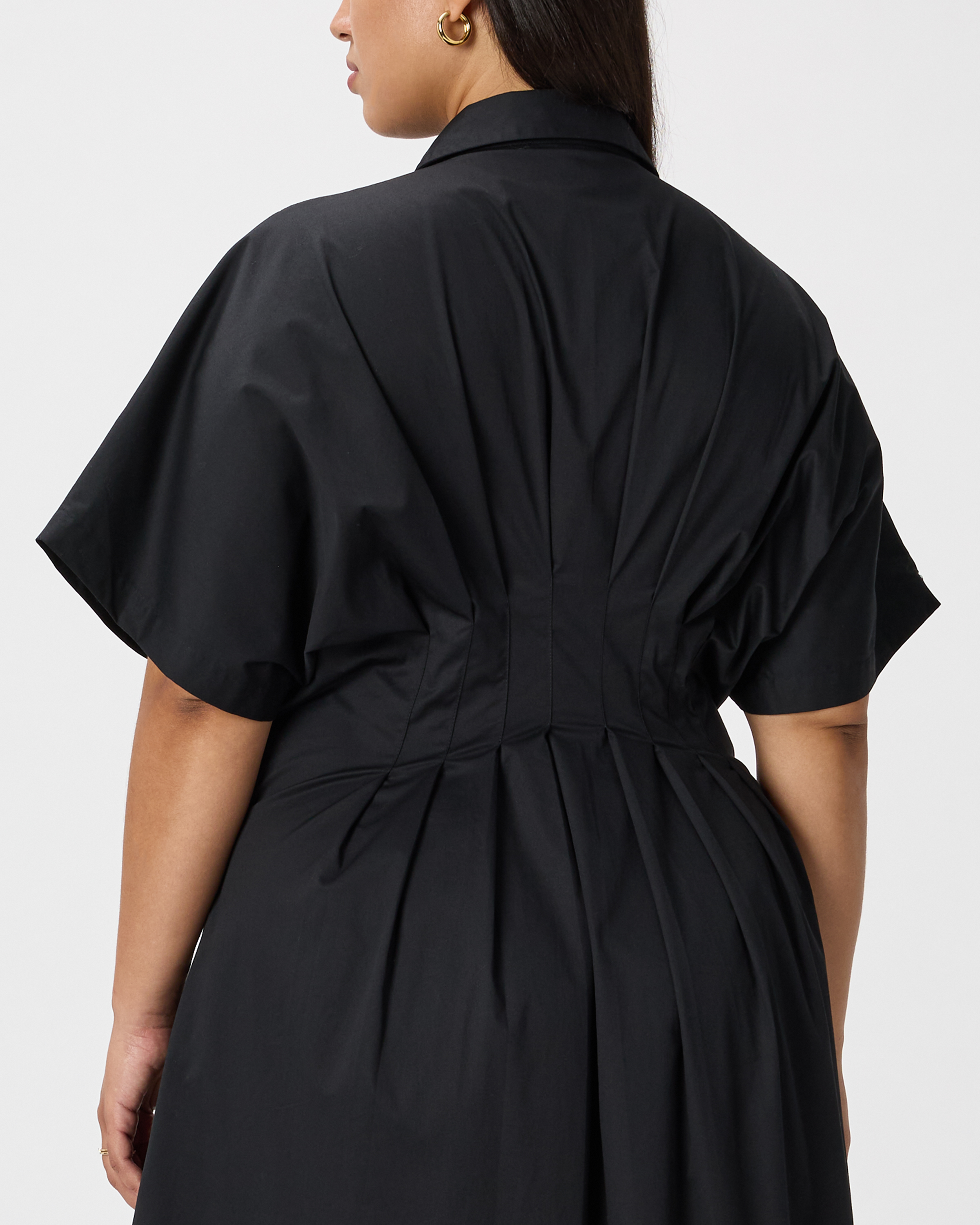 pleated midi shirt dress Black Tie-Waist Midi Shirt Dress | Pleated Skirt