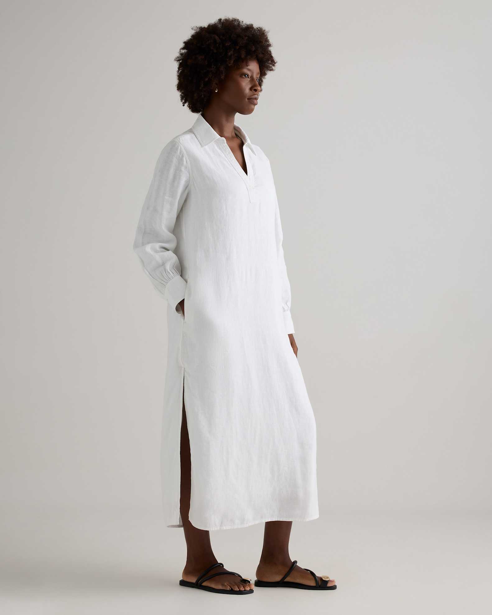 linen popover maxi dress 100% European Linen Popover Maxi Dress in Blue Pinstripe