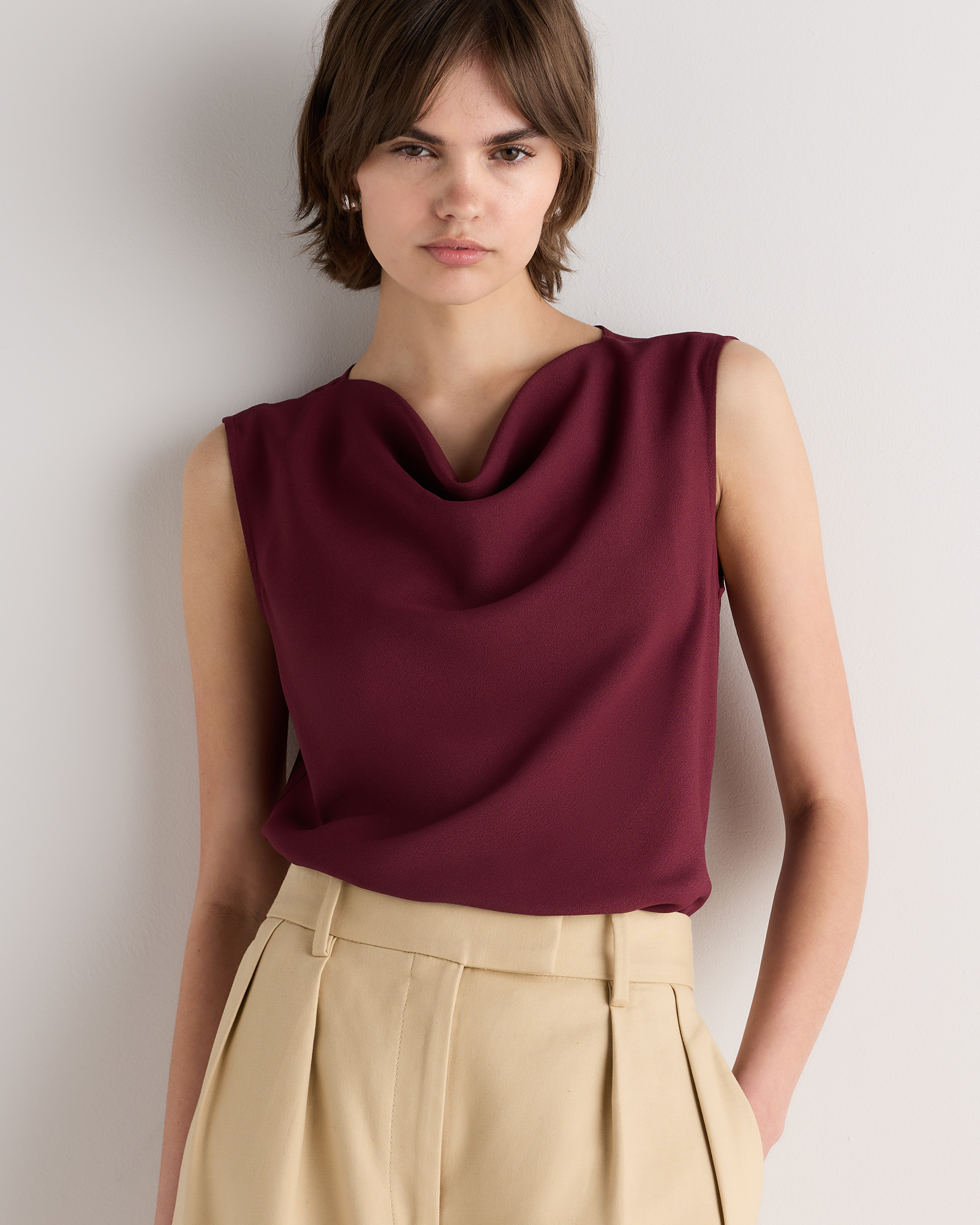 Cabernet Red Draped Matte Cowl Neck Tank