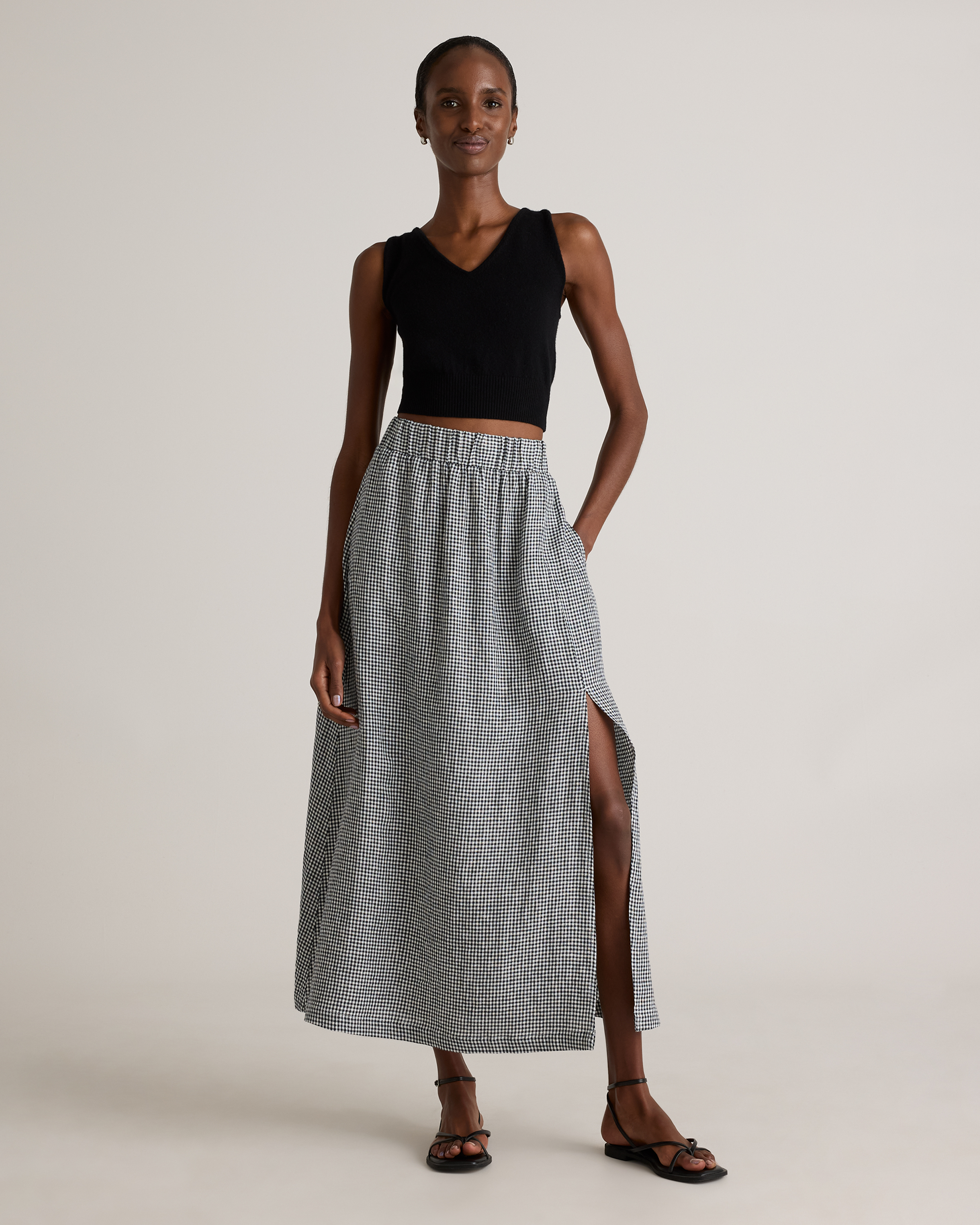 100% European Linen Maxi Skirt in Classic Mini Gingham