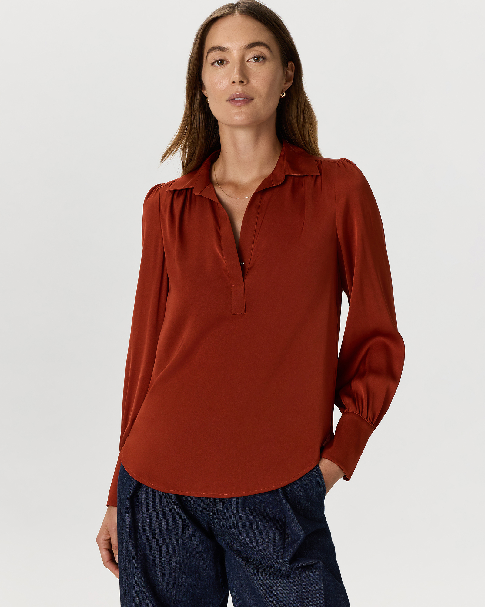 Paprika Red Washable Stretch Silk Split Neck Blouse 