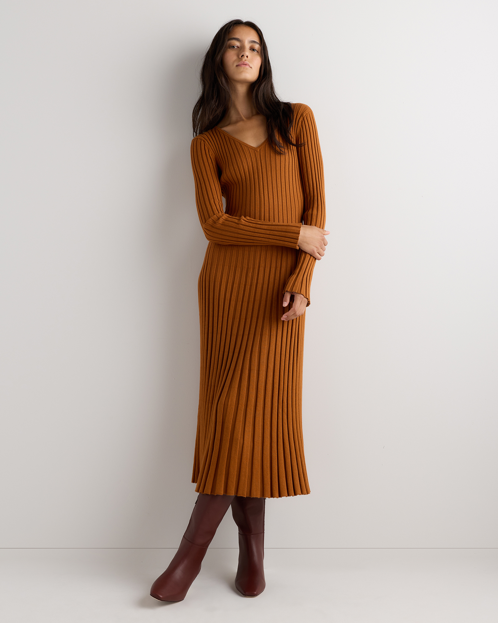 Rustica Brown Cotton Cashmere Ribbed Long Sleeve V-Neck Midi Dress