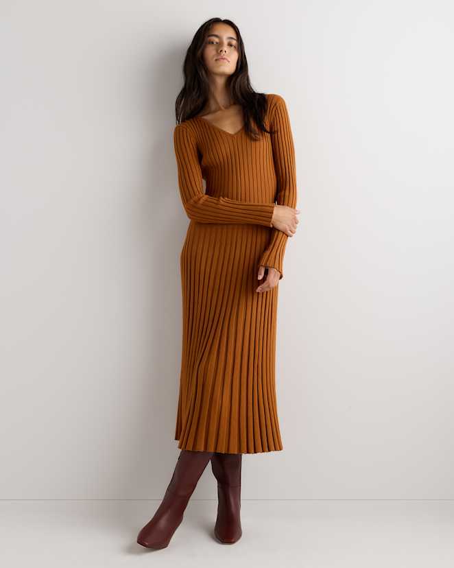 Rustica Brown Cotton Cashmere Ribbed Long Sleeve V-Neck Midi Dress