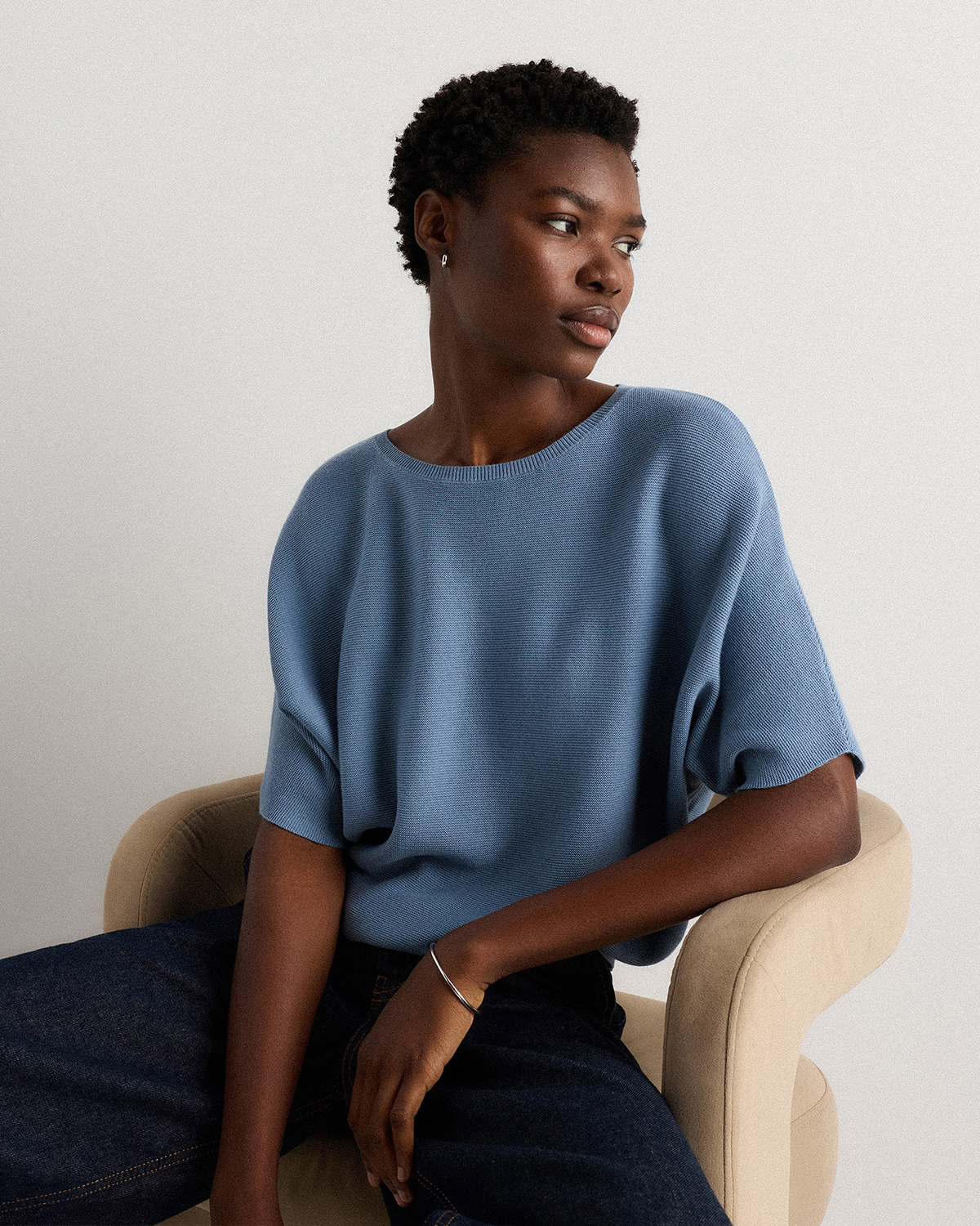 Lightweight Cotton Cashmere Link-Stitch Dolman Sweater in Mountain 