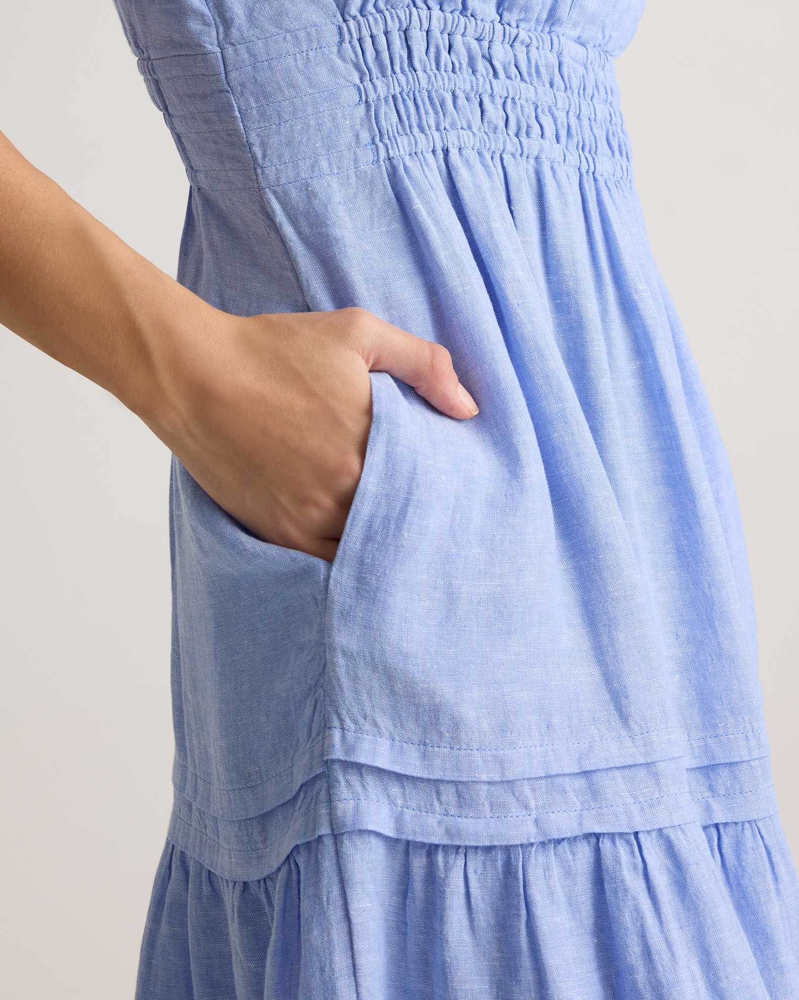 Quince Women's Maxi Dress in French Blue, Size XL - 100% European Linen, Tiered, V-Neck, Short Sleeves, Pocketed, Sustainable Material Quince Women's Maxi Dress in French Blue, Size XL - 100% European Linen, Tiered, V-Neck, Short Sleeves, Pocketed, Sustainable Material