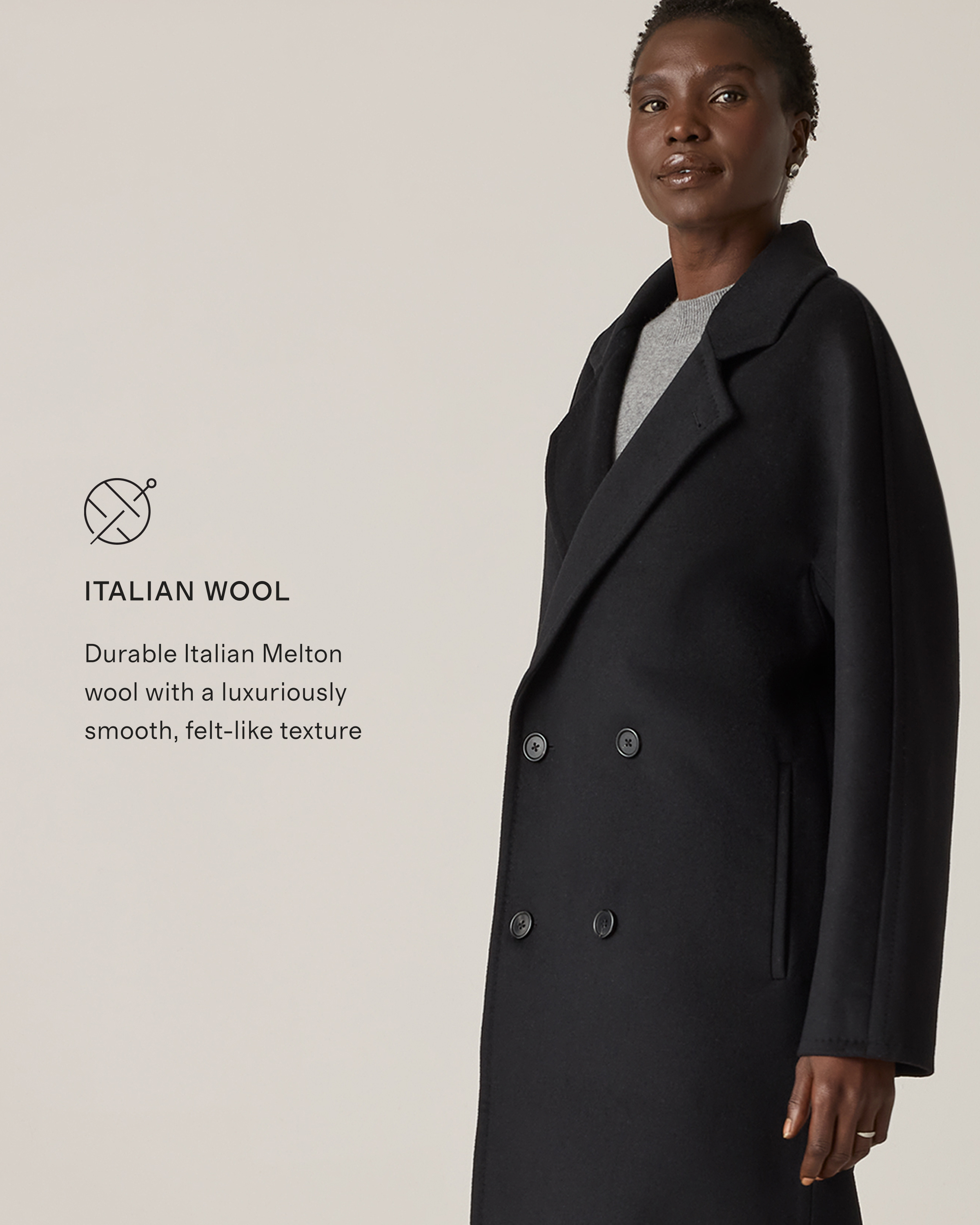 Italian Wool Double-Breasted Slouch Coat in Black