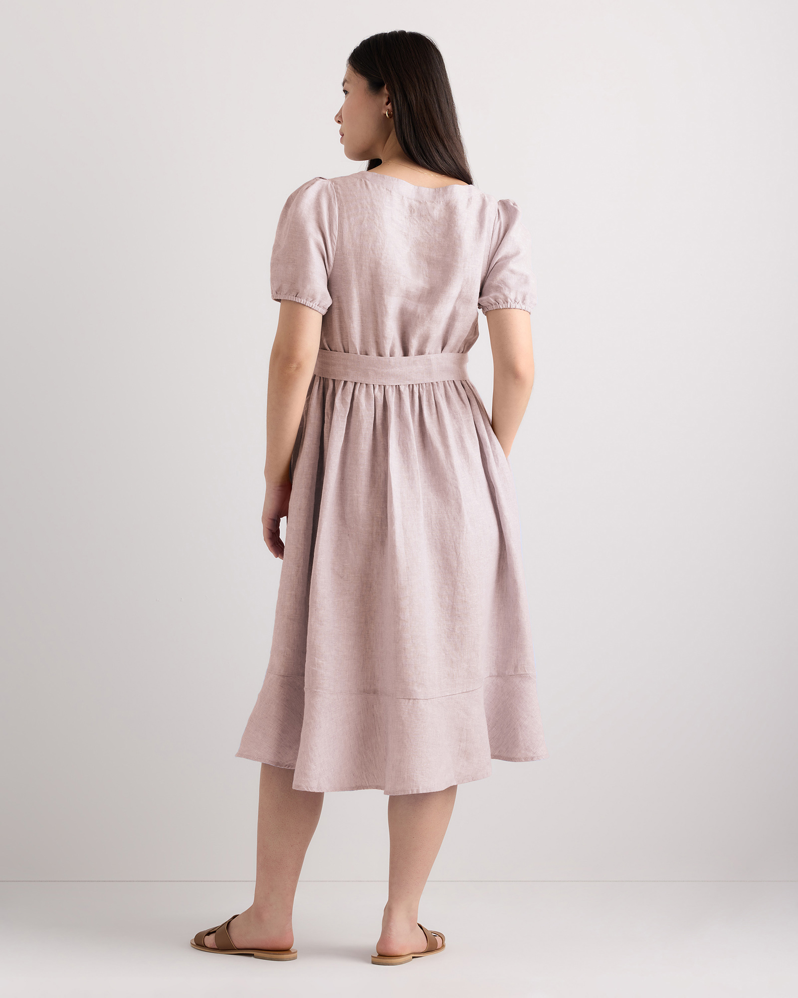 pink short sleeve linen dress Women's Pink Midi Linen Dress 4197