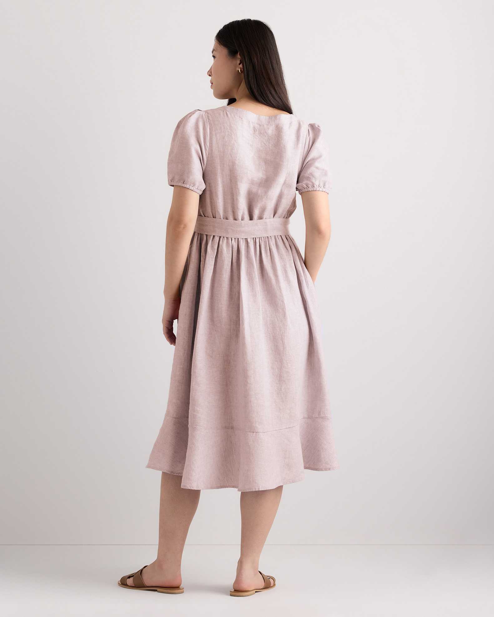 pink short sleeve linen dress Women's Pink Midi Linen Dress 4197