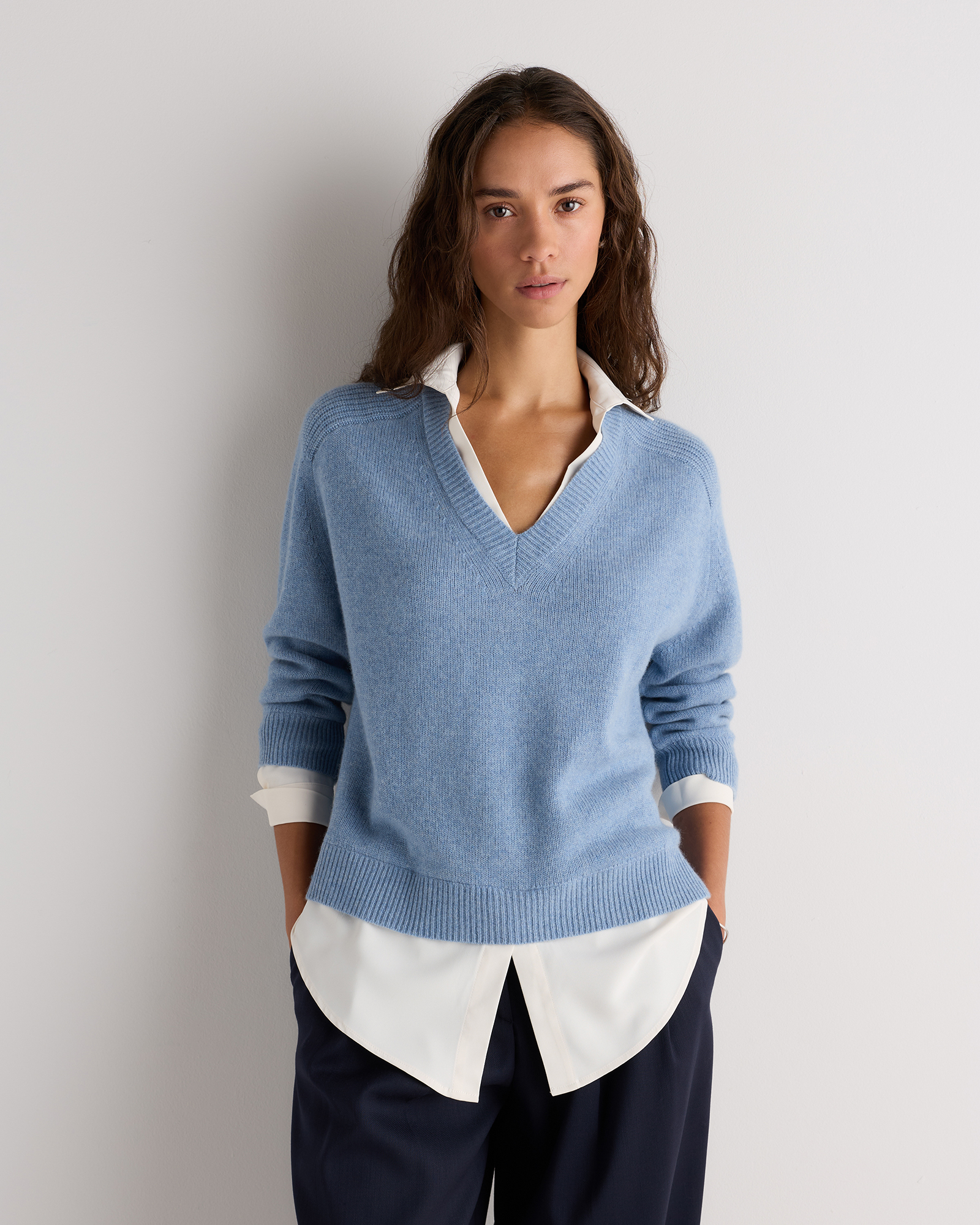 Faded Denim 100% Mongolian Cashmere Layered V-Neck Sweater