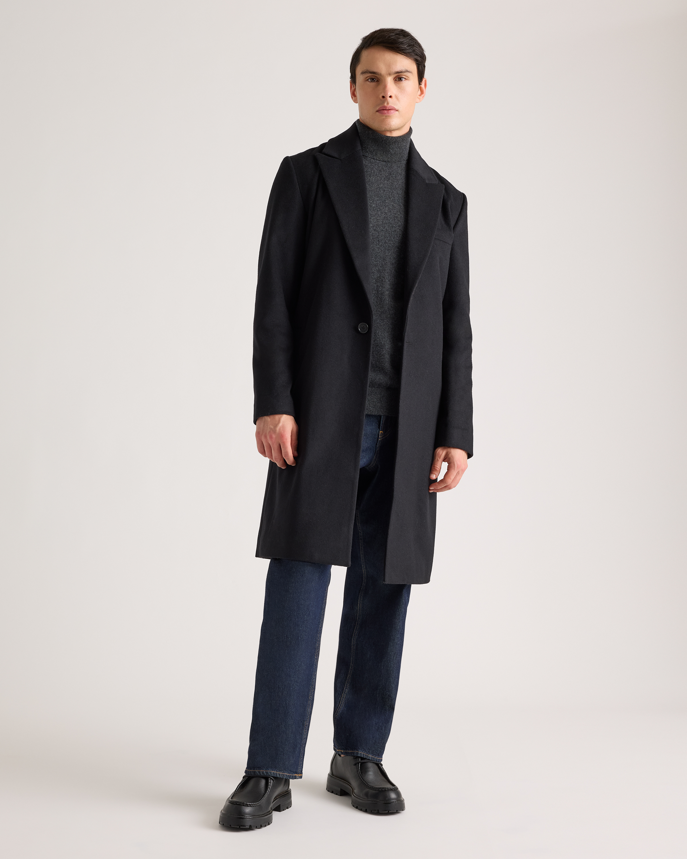 Italian Wool Belted Overcoat in Black