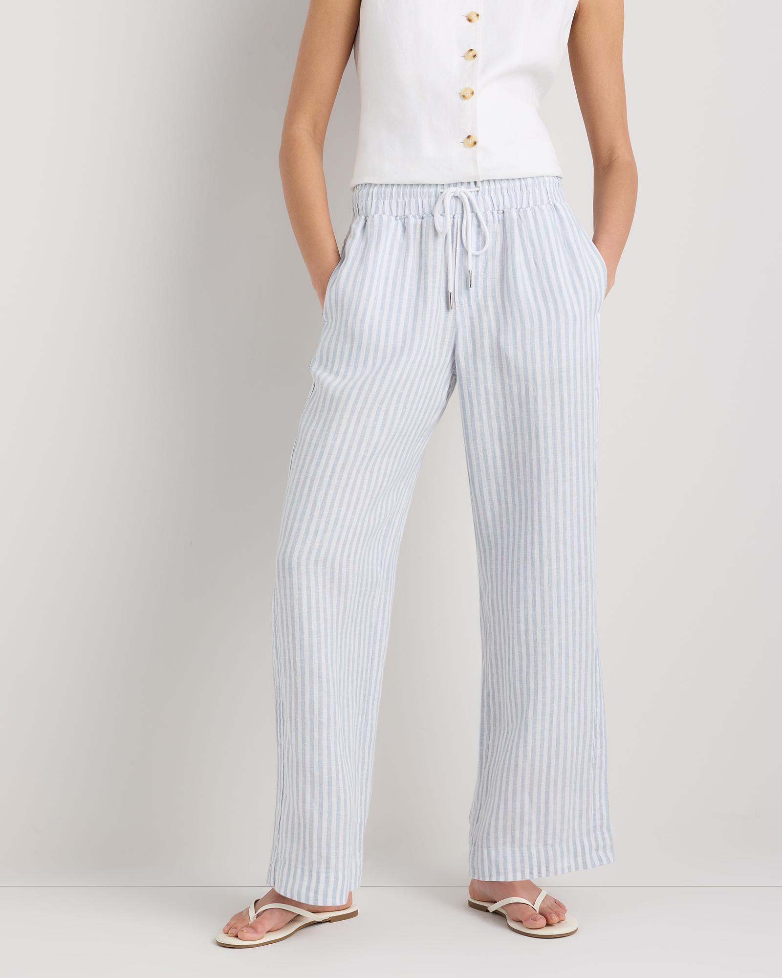 Sky Blue Mariner Stripe 100% European Linen Wide Leg Pants