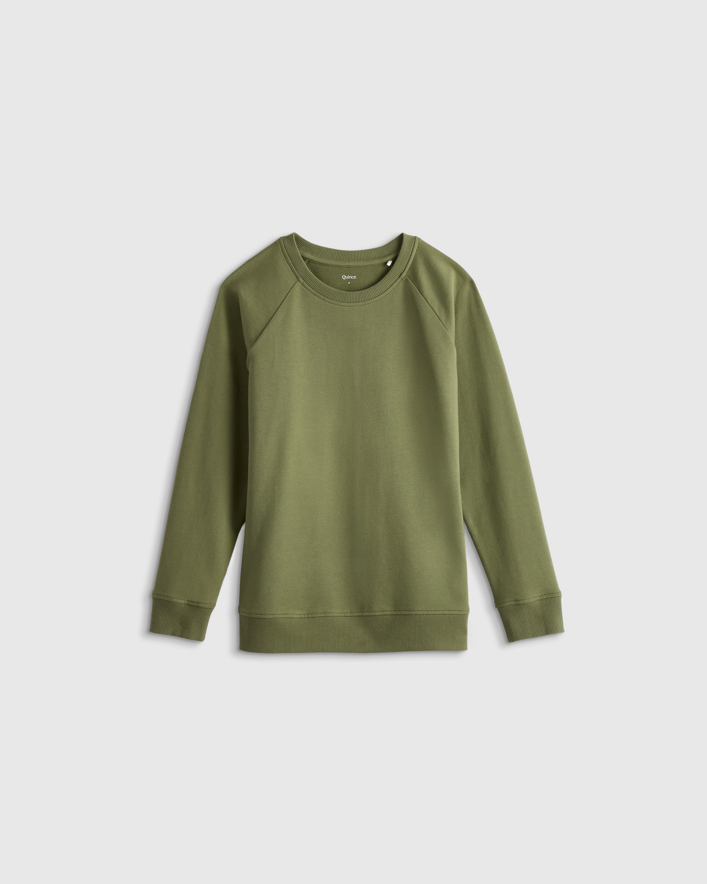 Olive Green Pull molletonné en jersey bouclette de coton biologique à col ras du cou  