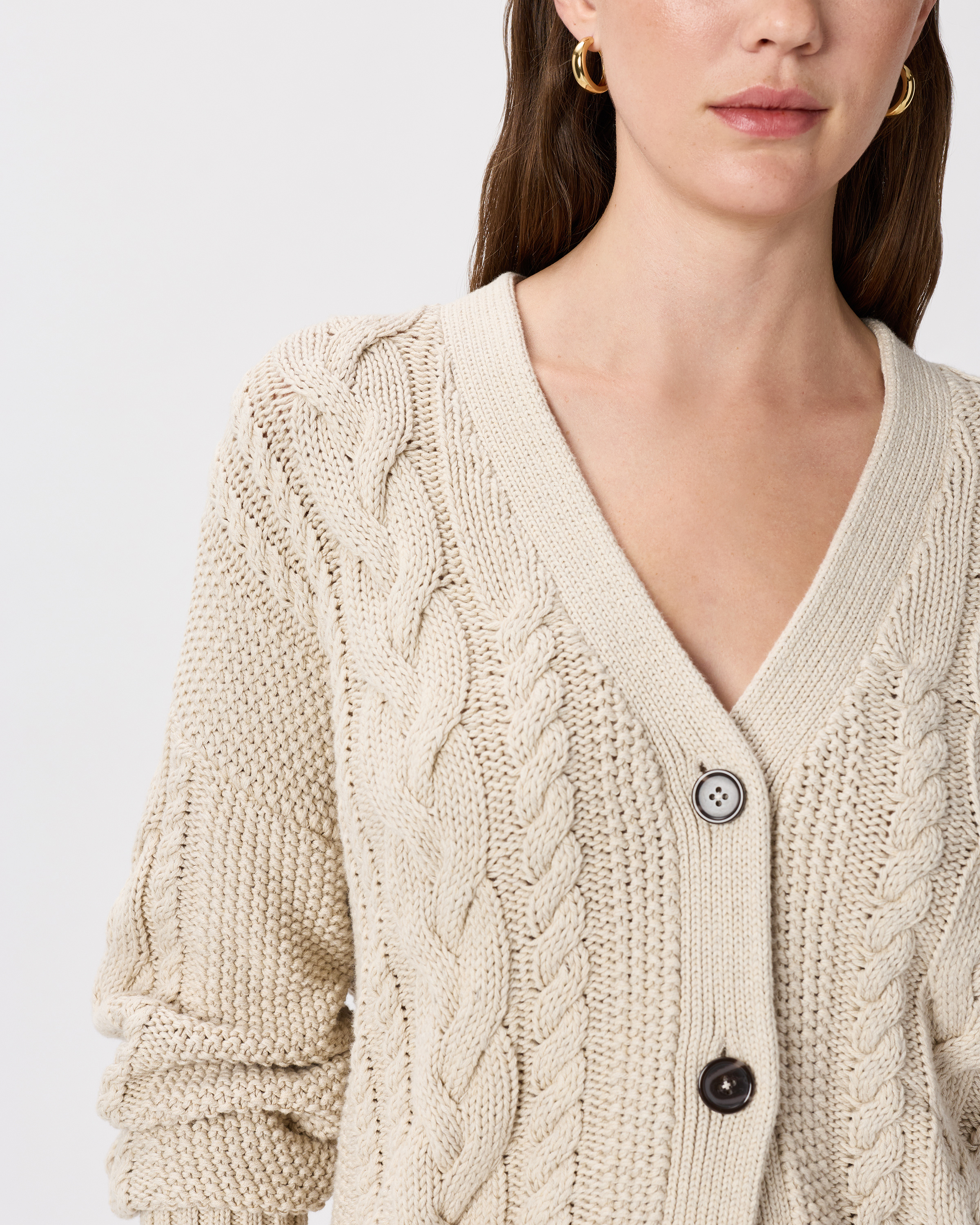 100% Organic Cotton Oversized Cable Cardigan in Speckled Beige