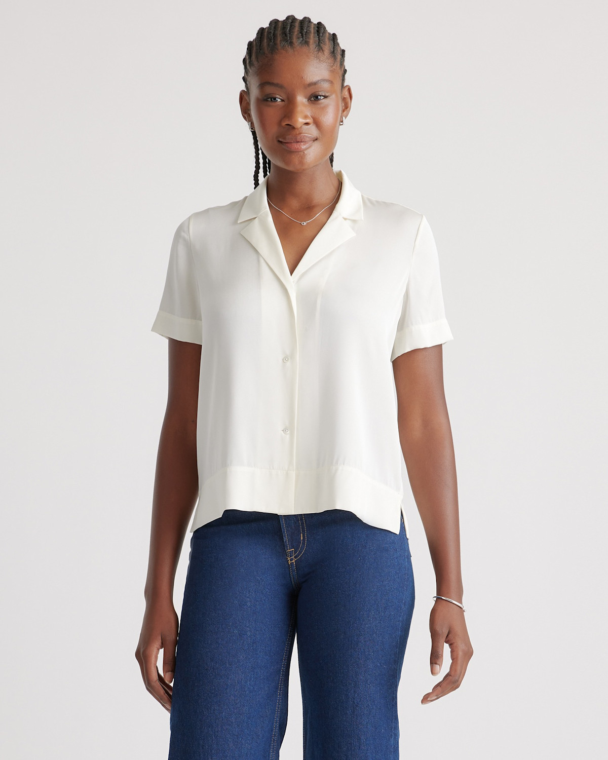 Quince Washable Stretch Silk Short Sleeve Notch Collar Blouse in Ivory