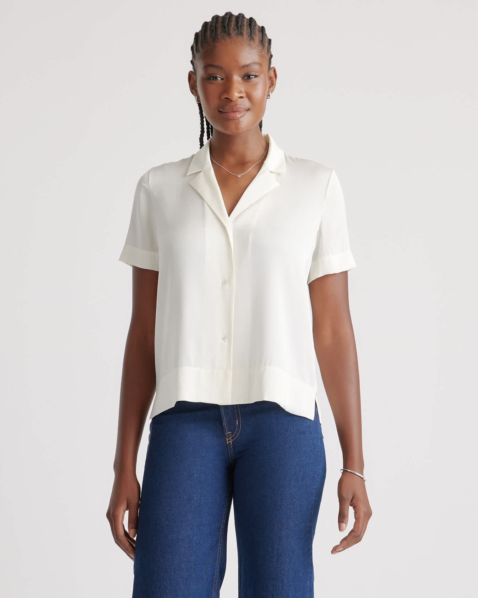 Washable Stretch Silk Short Sleeve Notch Collar Blouse in Ivory