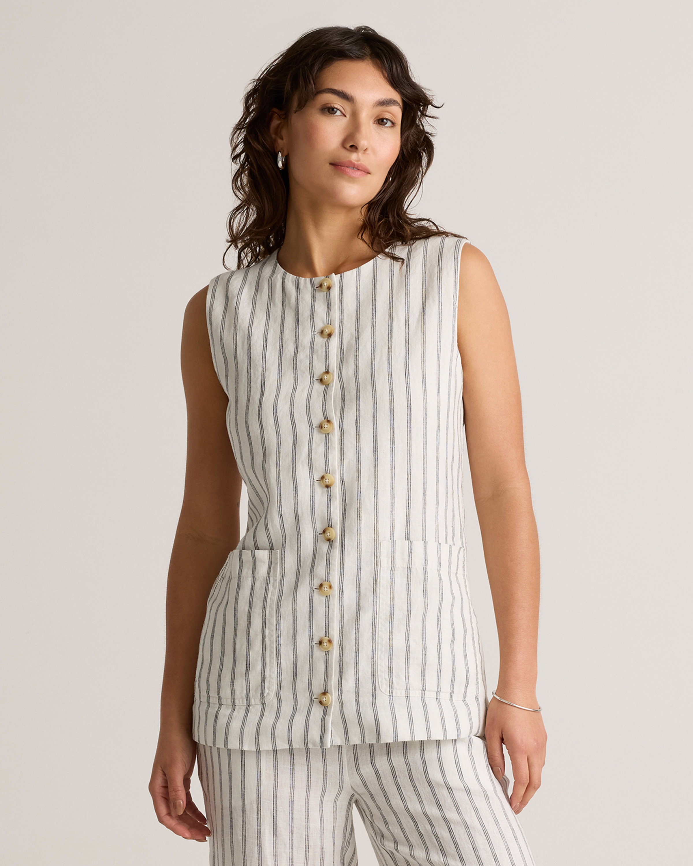 Oatmeal / Black Stripe 100% European Linen Longline Vest