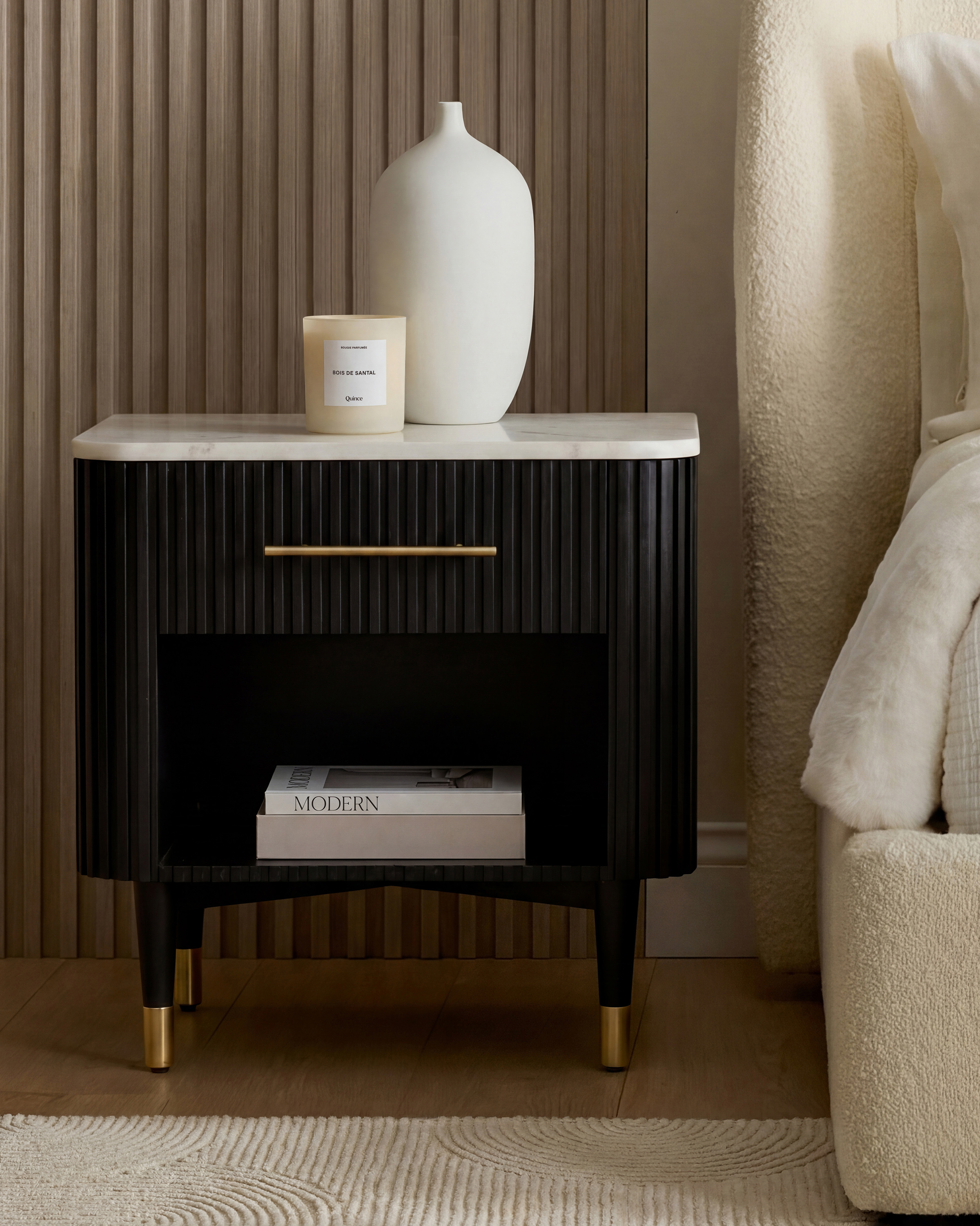 Fluted Wood and Genuine Marble Open Nightstand - thumbnail 2