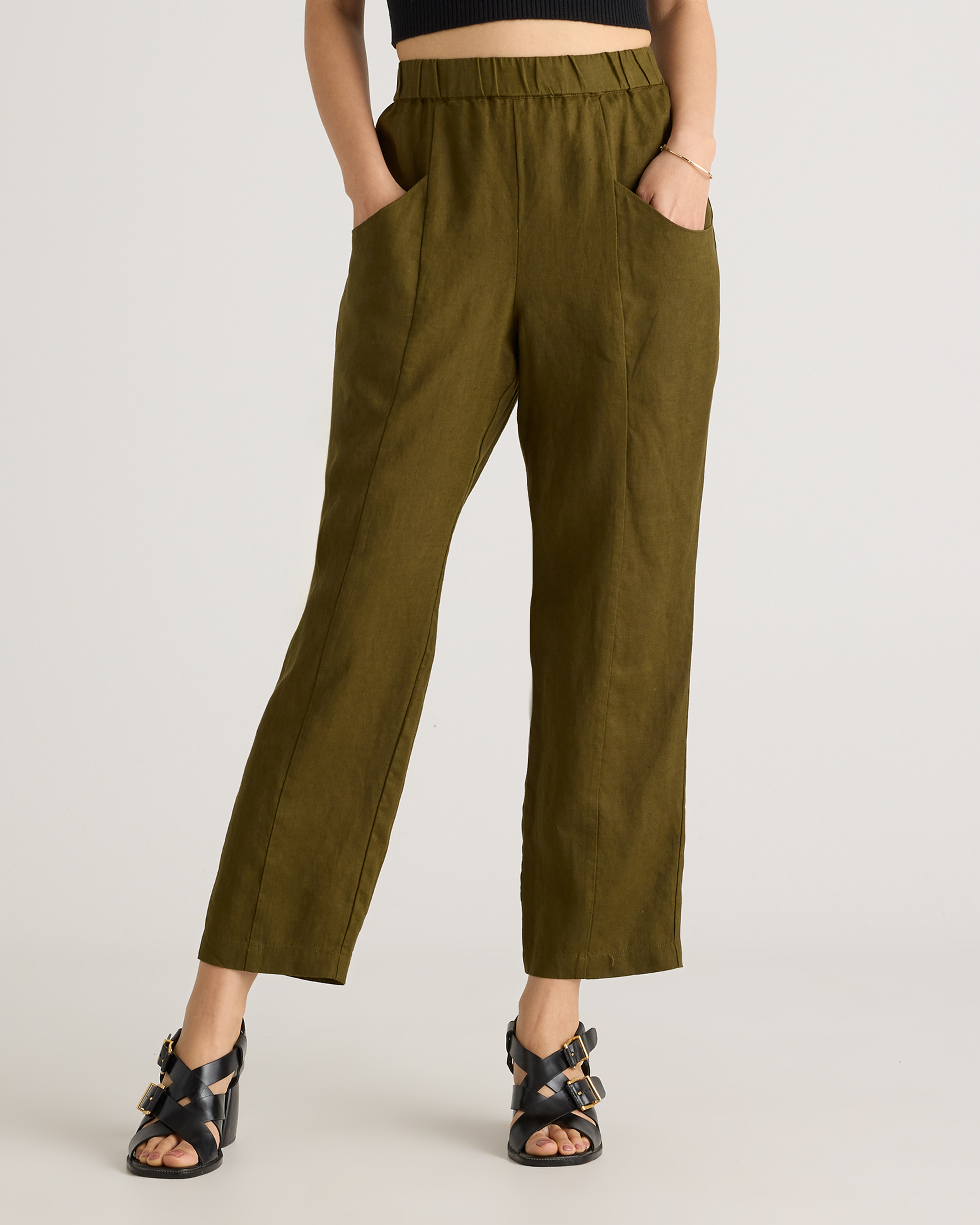 Martini Olive 100% European Linen Tapered Ankle Pants