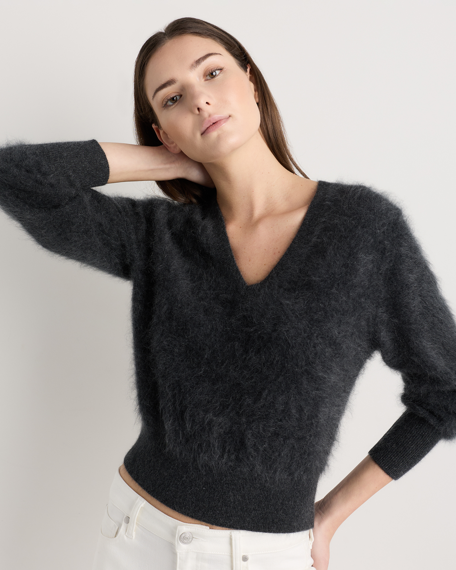 Heather Charcoal Brushed Cashmere Shrunken V-Neck Sweater