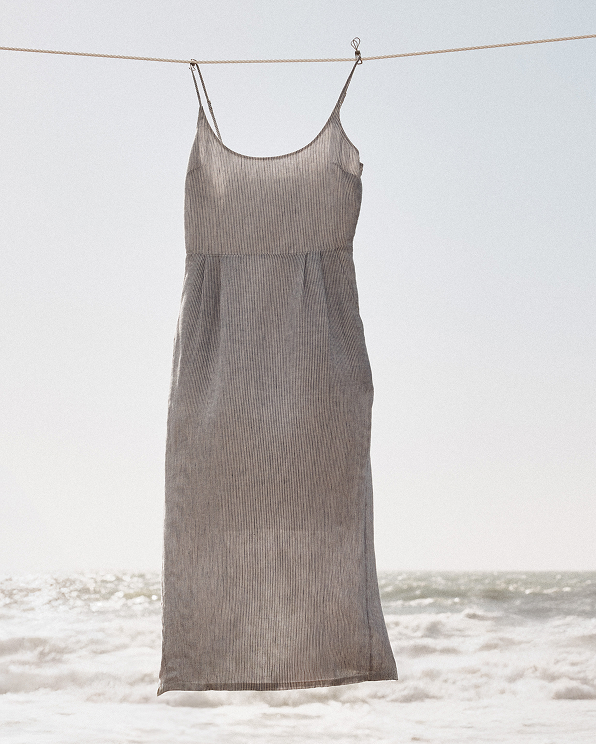 Blue Pinstripe 100% European Linen Scoop Neck Midi Dress