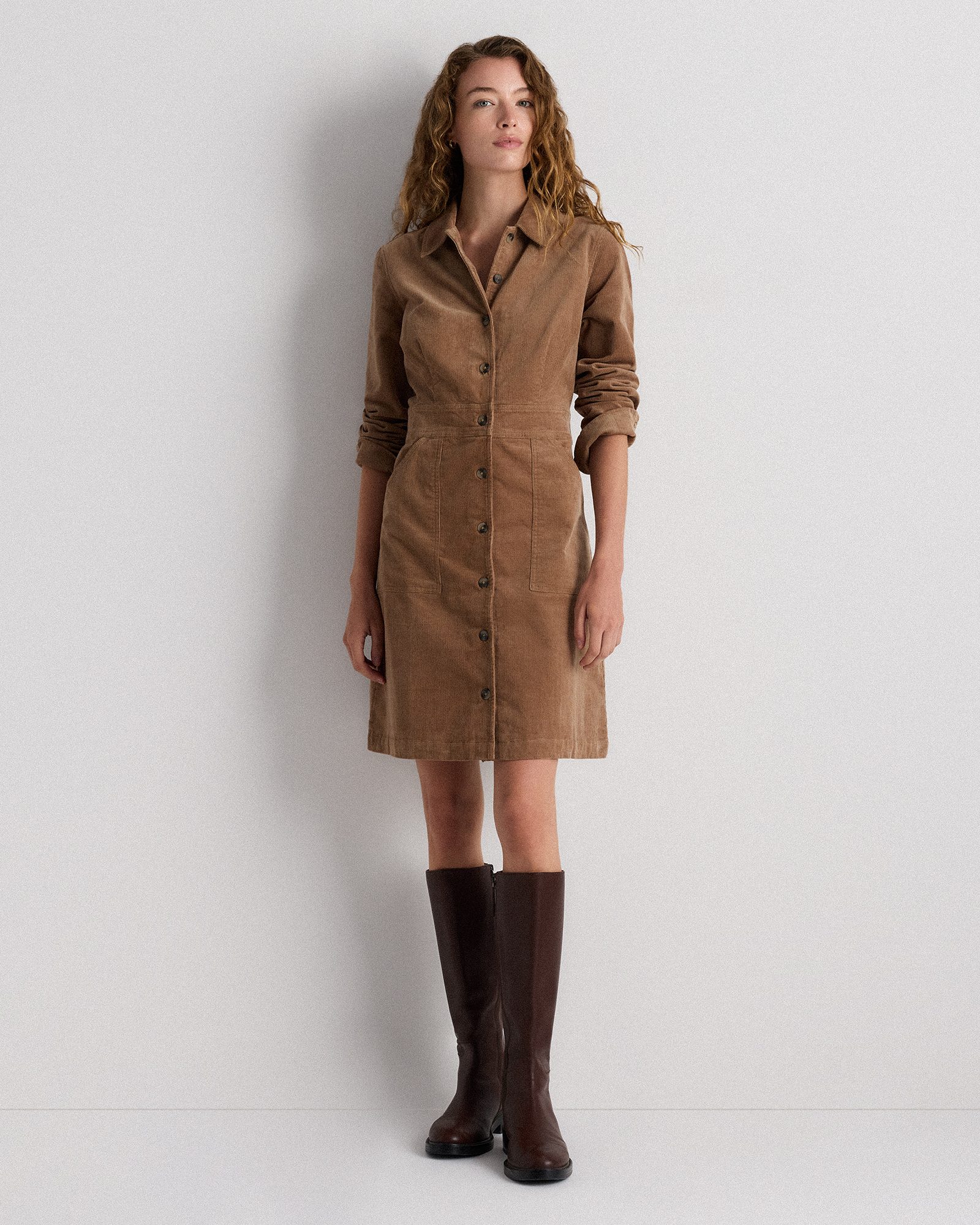 Warm Brown Organic Stretch Corduroy Mini Shirt Dress