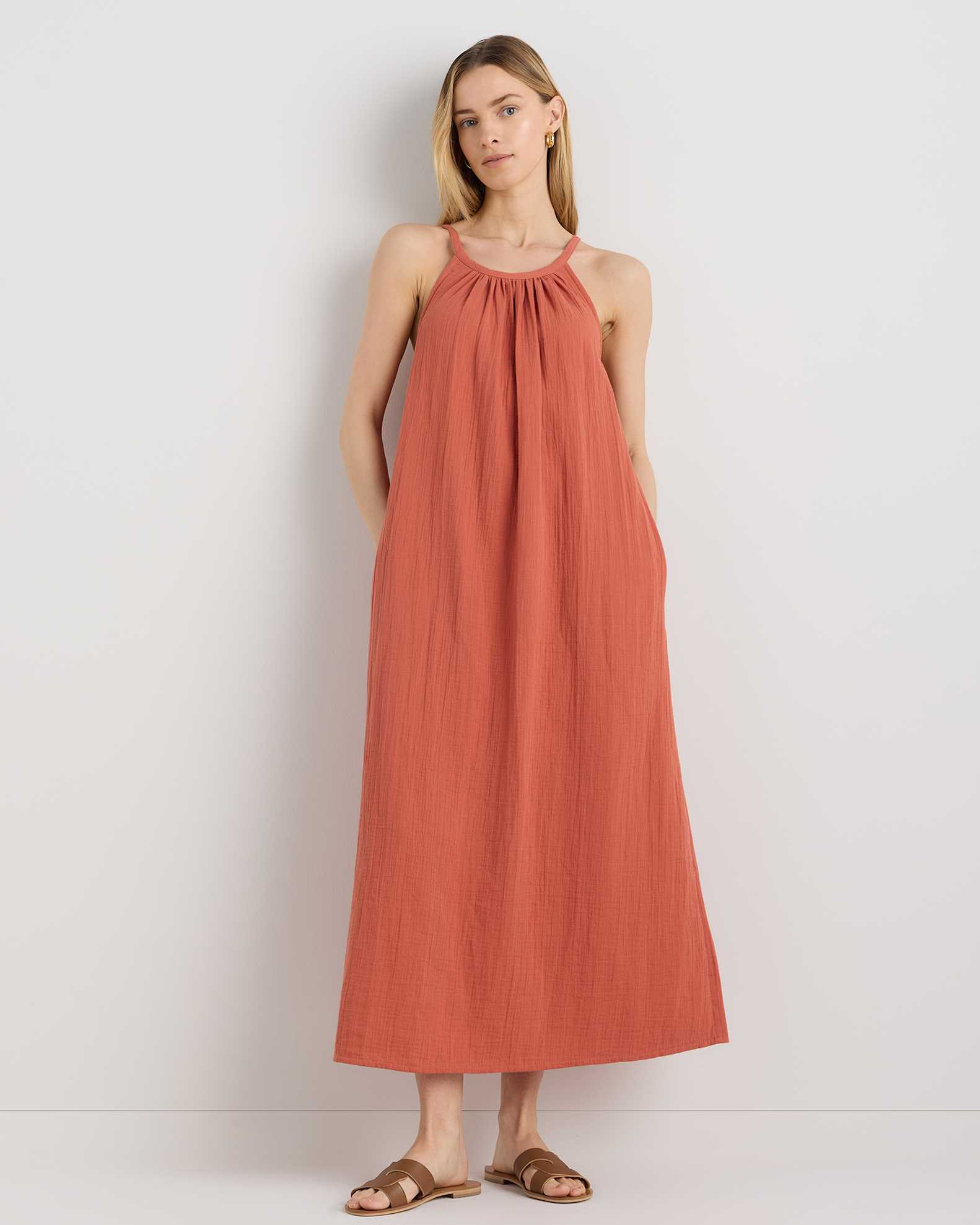 100% Organic Cotton Gauze Sleeveless Maxi Dress in Spiced Orange 100% Organic Cotton Gauze Sleeveless Maxi Dress in Spiced Orange