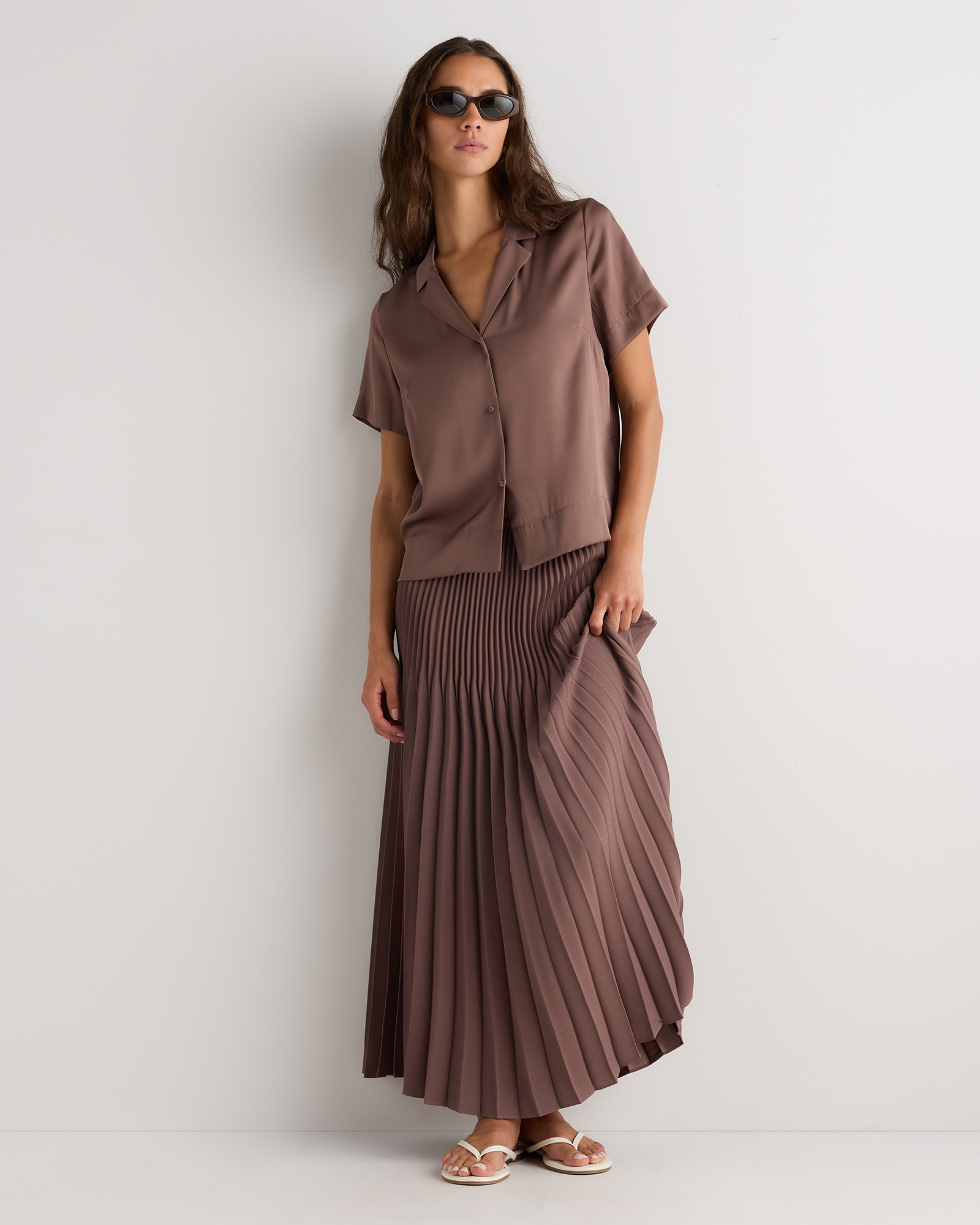 Washable Stretch Silk Short Sleeve Notch Collar Blouse in Mink Taupe