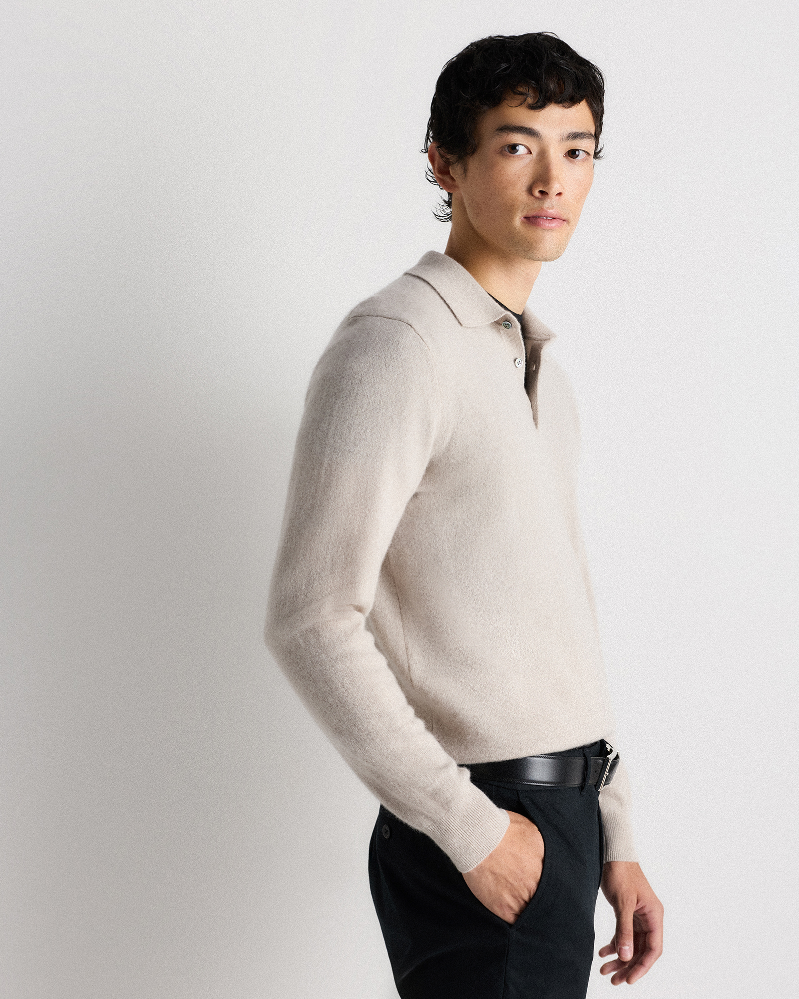 Mongolian Cashmere Polo Sweater in Heather Cloud Beige