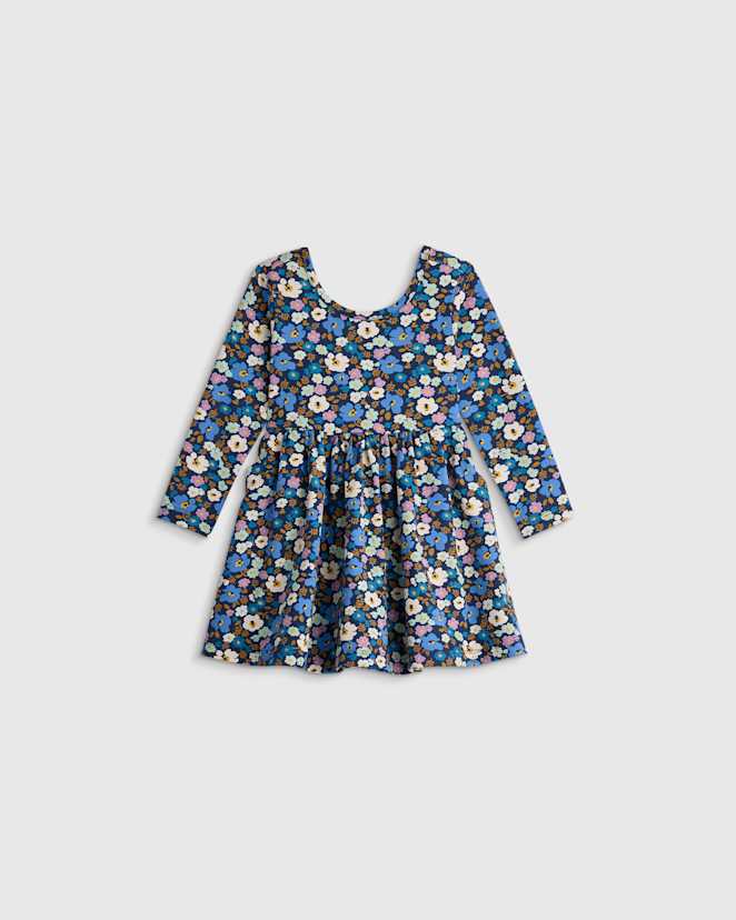 U--369 BABY Organic Cotton Long Sleeve Skater Dress - Baby Girl Blue Poppy Floral 16157 CROPPED