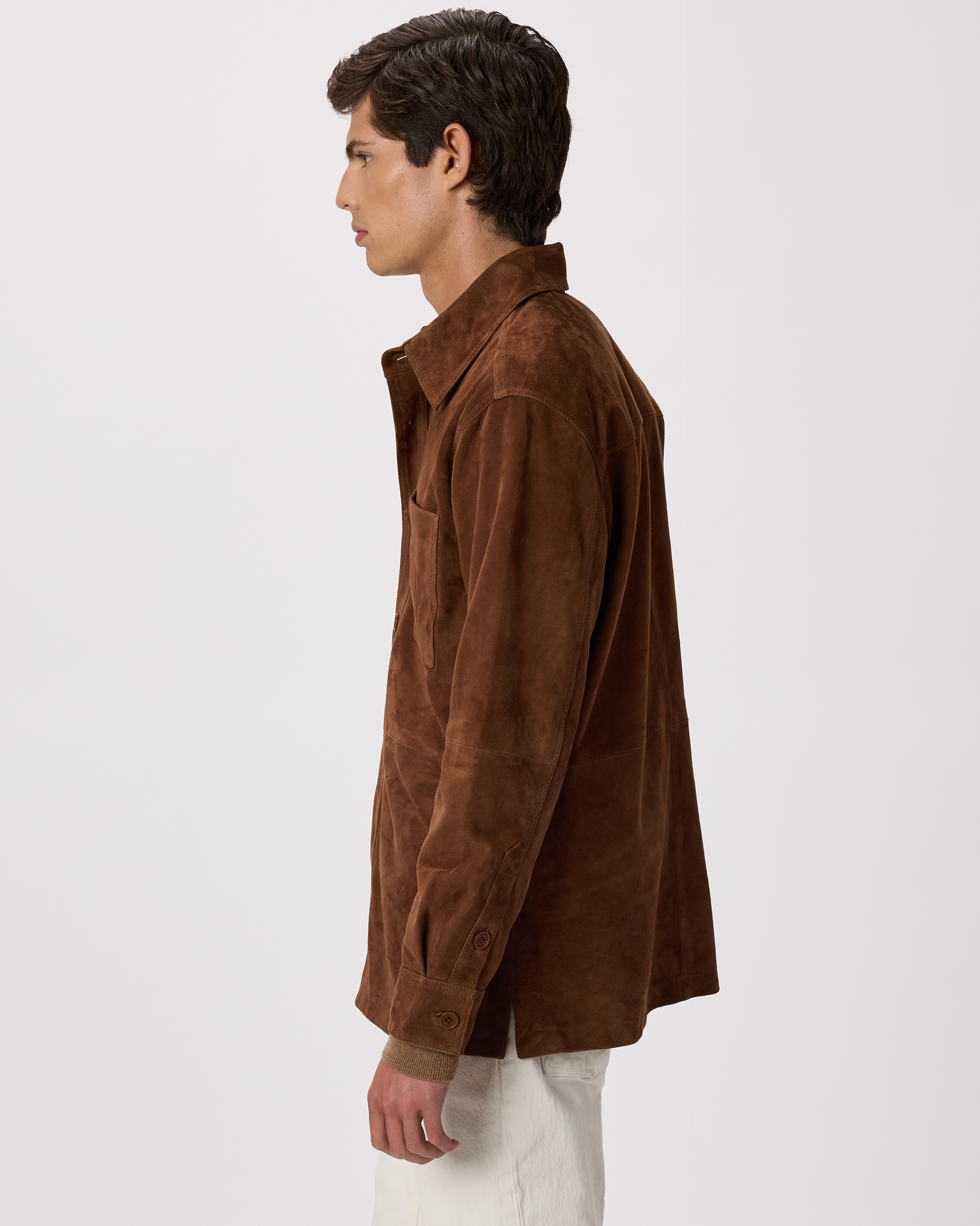 100% Suede Overshirt in Dark Chestnut Brown