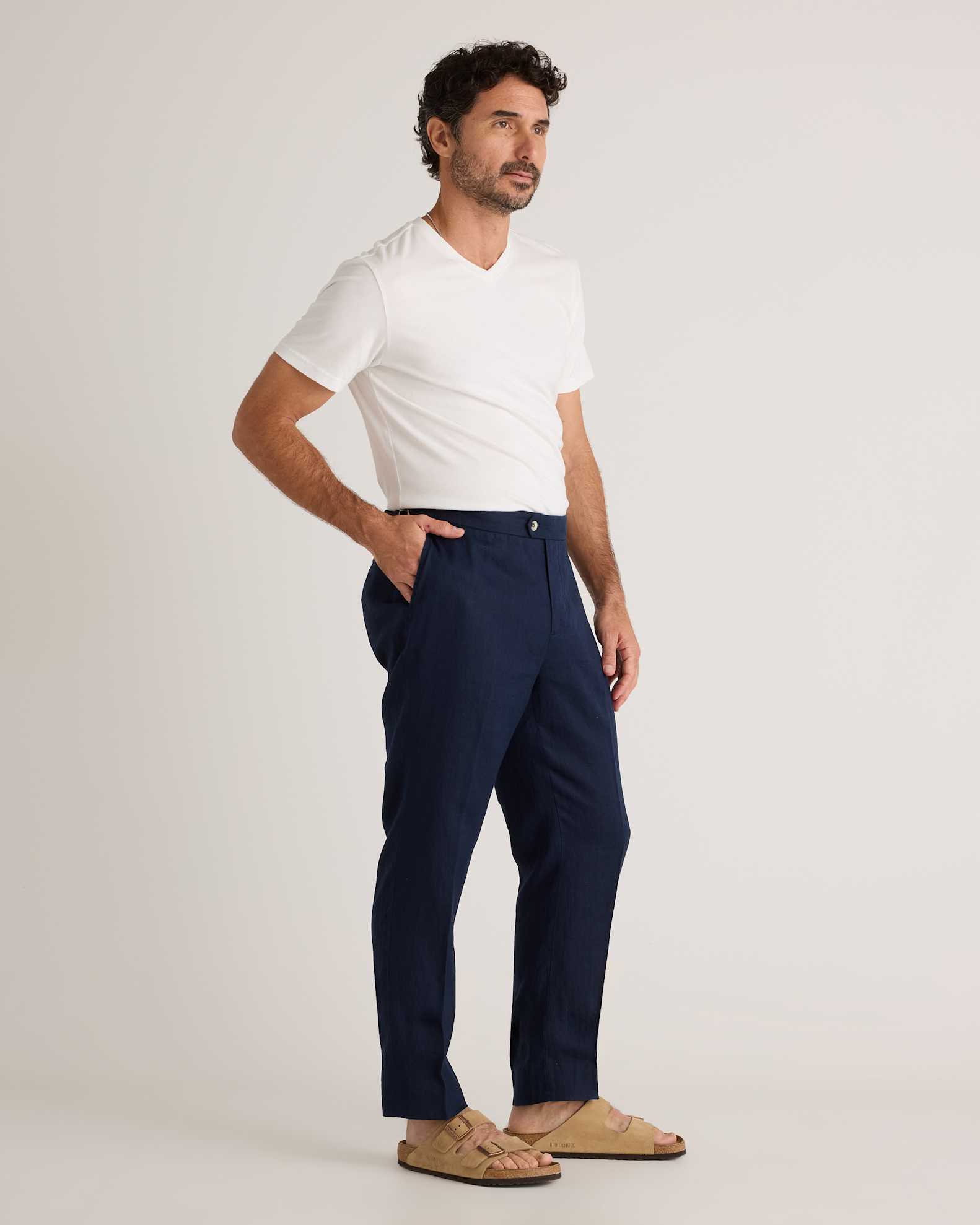 blue dress pants white shirt Men's Navy Cotton & Trousers Set: Casual Summer Outfit Men's 100% European Linen Dress