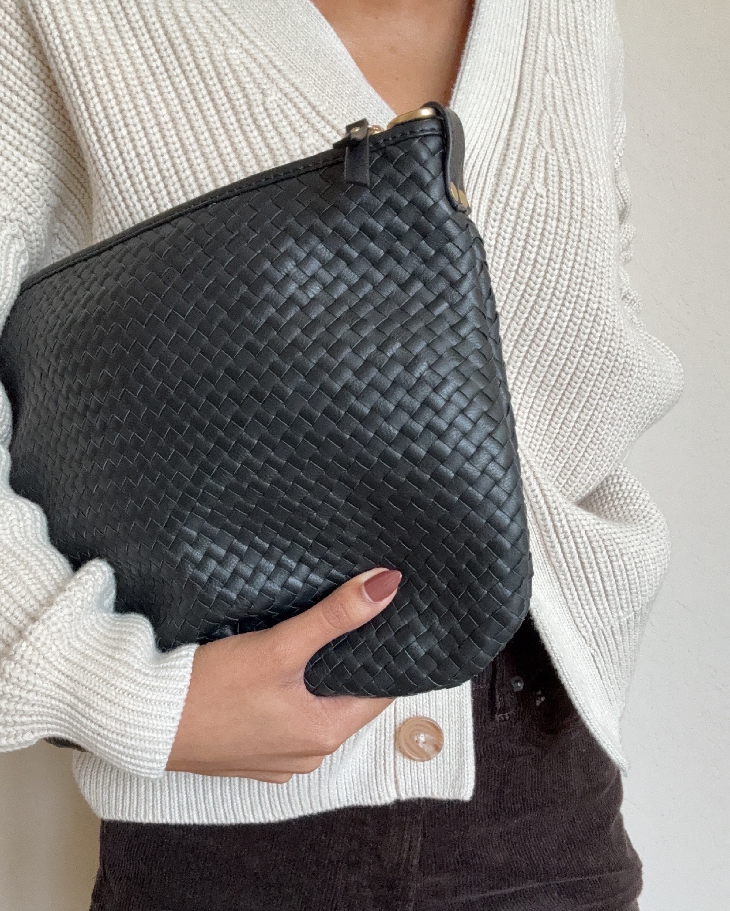 Black Italian Leather Convertible Crescent Handwoven Shoulder Bag