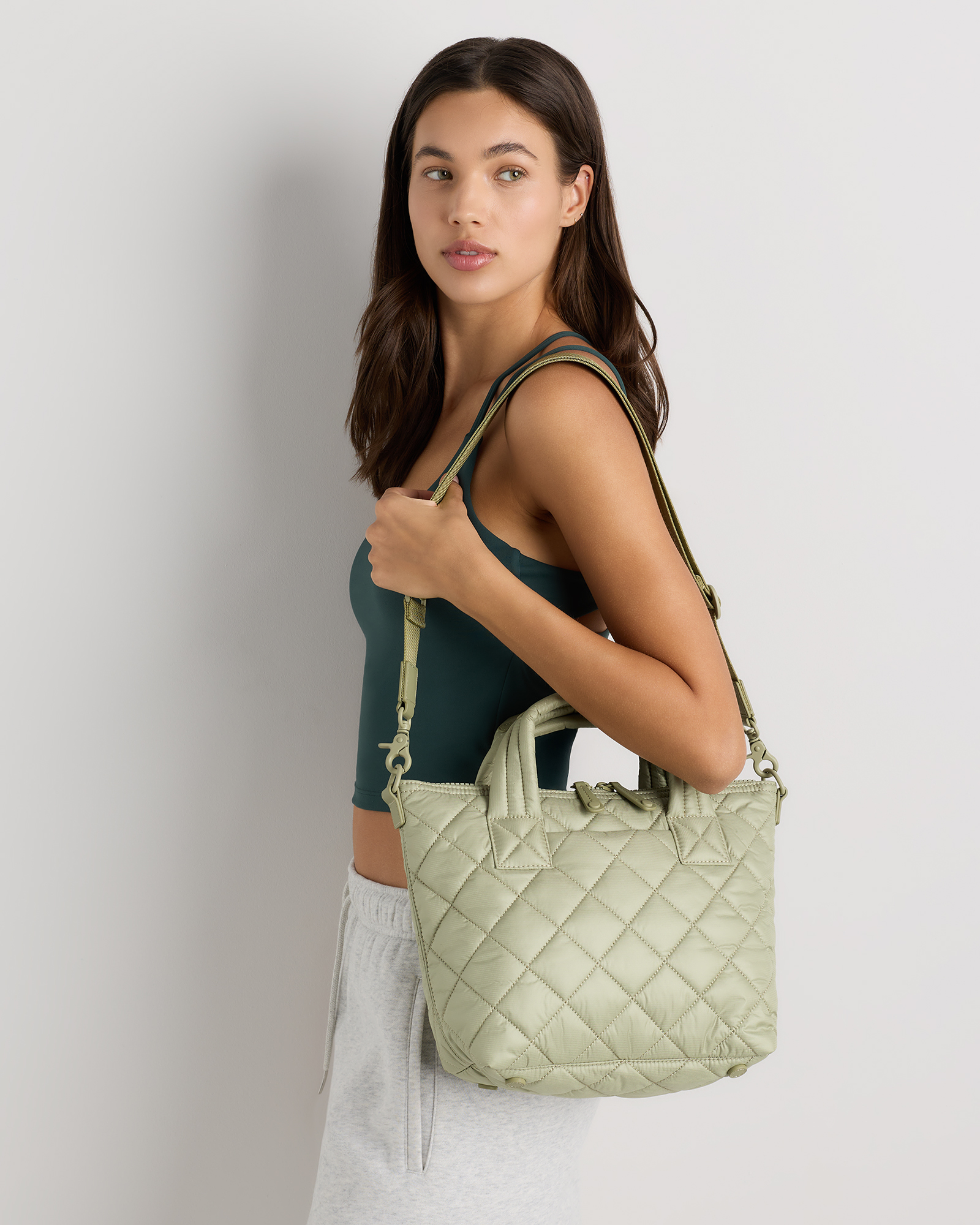 Transit Quilted Small Crossbody Tote in Tea Green