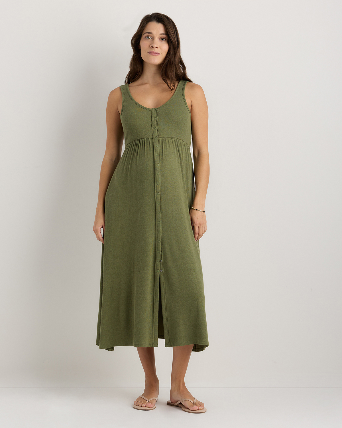 Green Tea Bamboo Maternity Sleeveless Button Front Dress