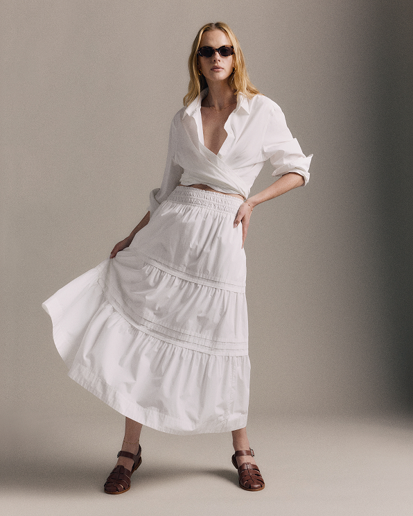 Classic White 100% Organic Cotton Poplin Tiered Maxi Skirt