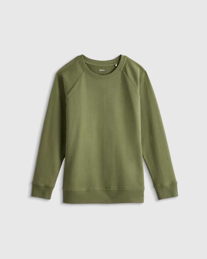 Olive Green Pull molletonné en jersey bouclette de coton biologique à col rond