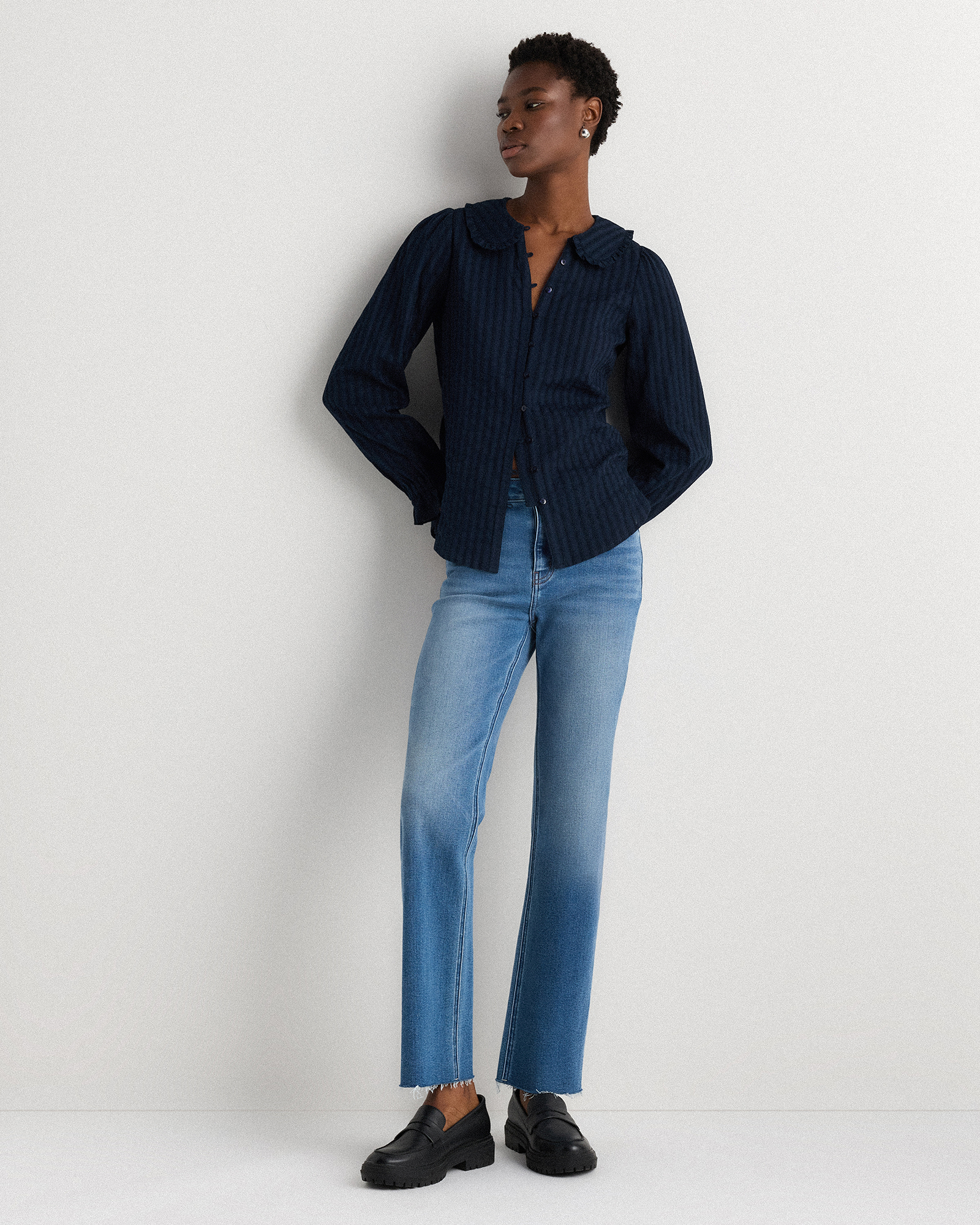 Embroidered Cotton Ruffle Collar Long Sleeve Blouse in Solid Navy