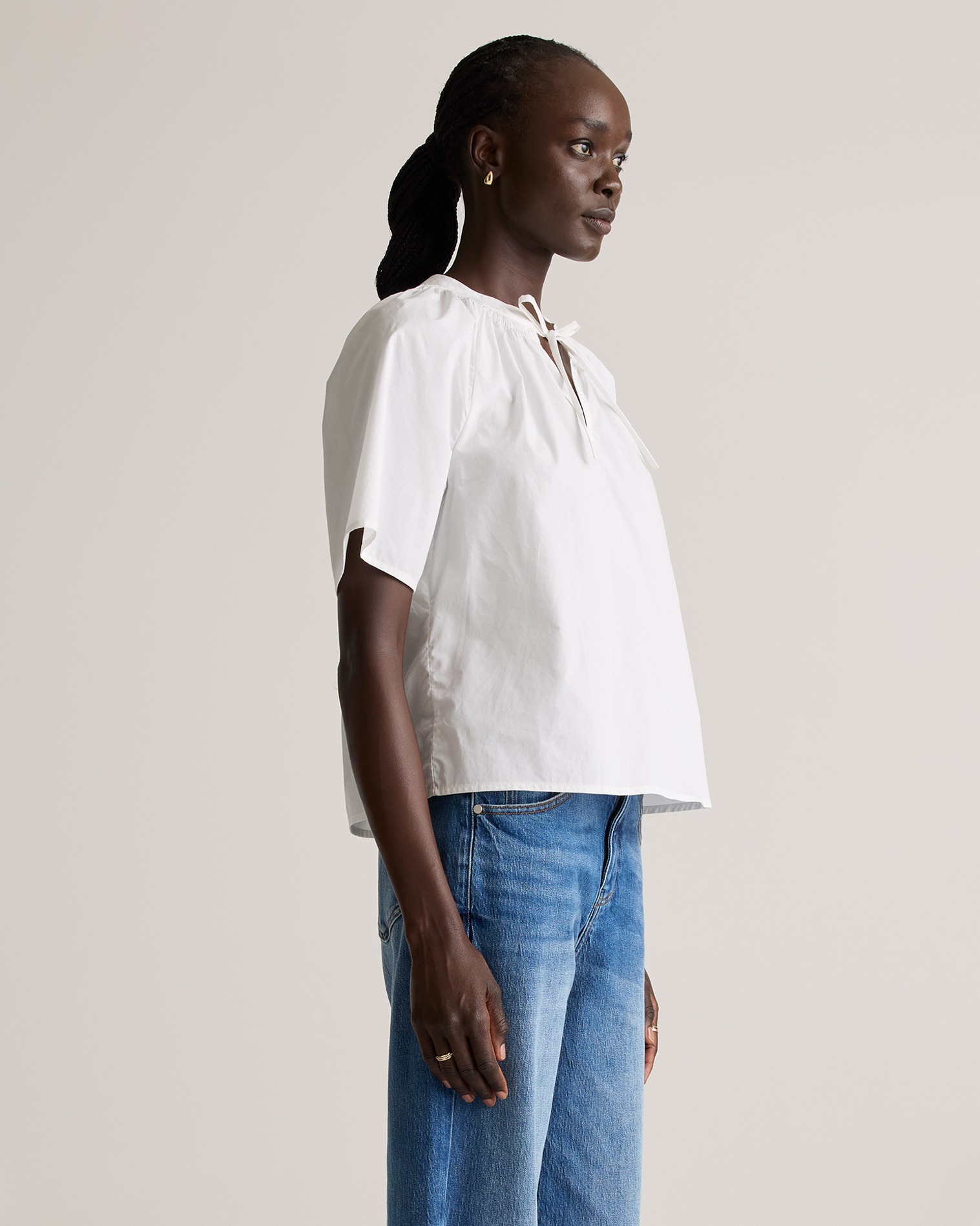 100% Organic Cotton Poplin Split Neck Top in Classic White