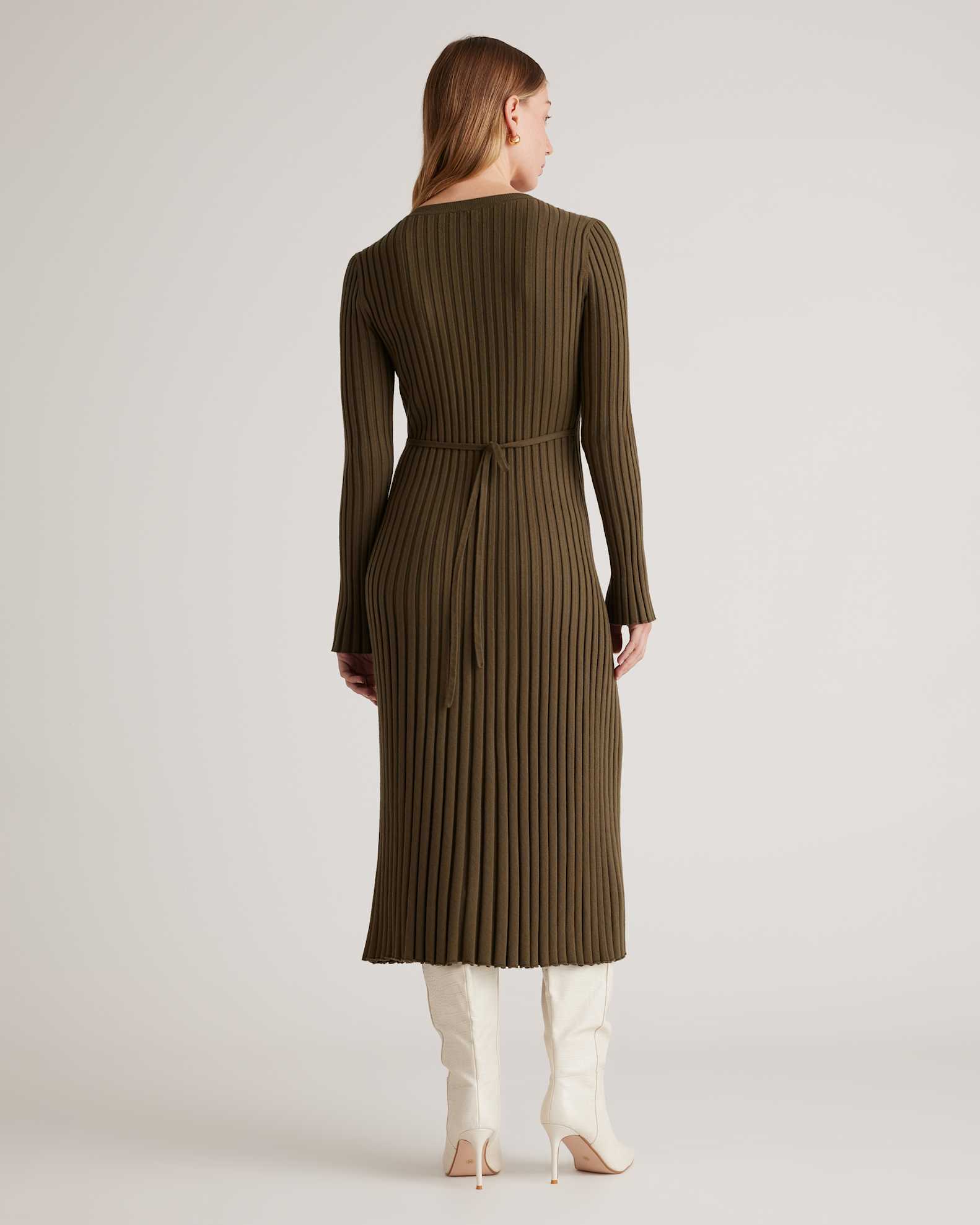 cashmere long sleeve dress Womens Cashmere Ribbed Knit Wrap Dress Long Sleeve V Neck Midi Dresses Beige / XL