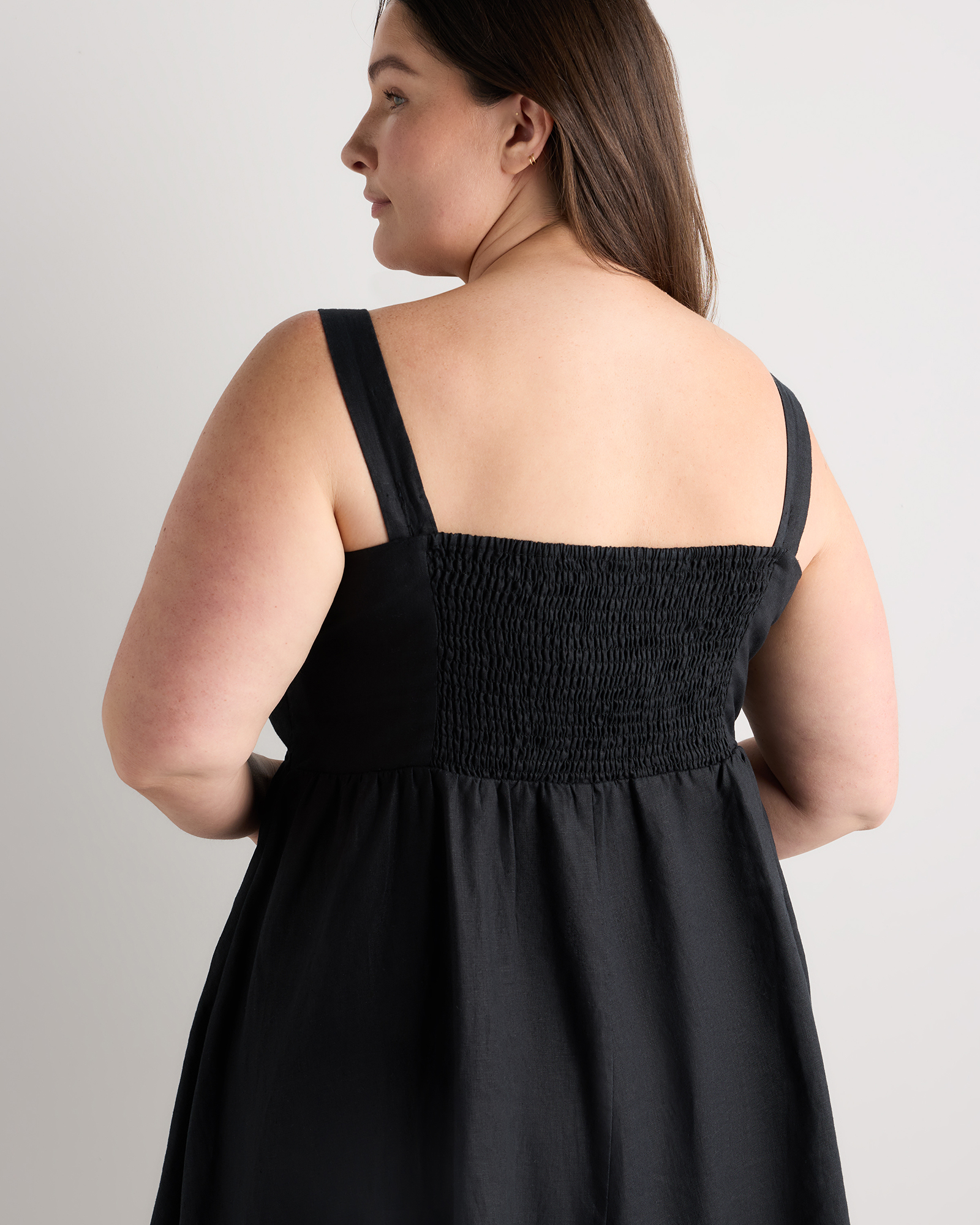 100% European Linen Fit & Flare Midi Dress in Black