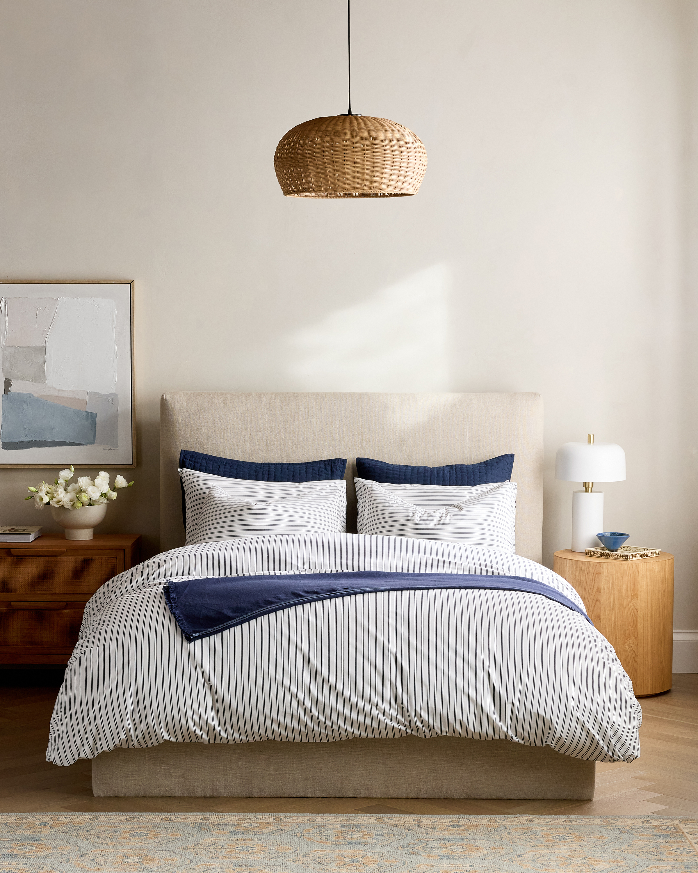 White/Navy Classic Organic Percale Double Stripe Deluxe Bedding Bundle