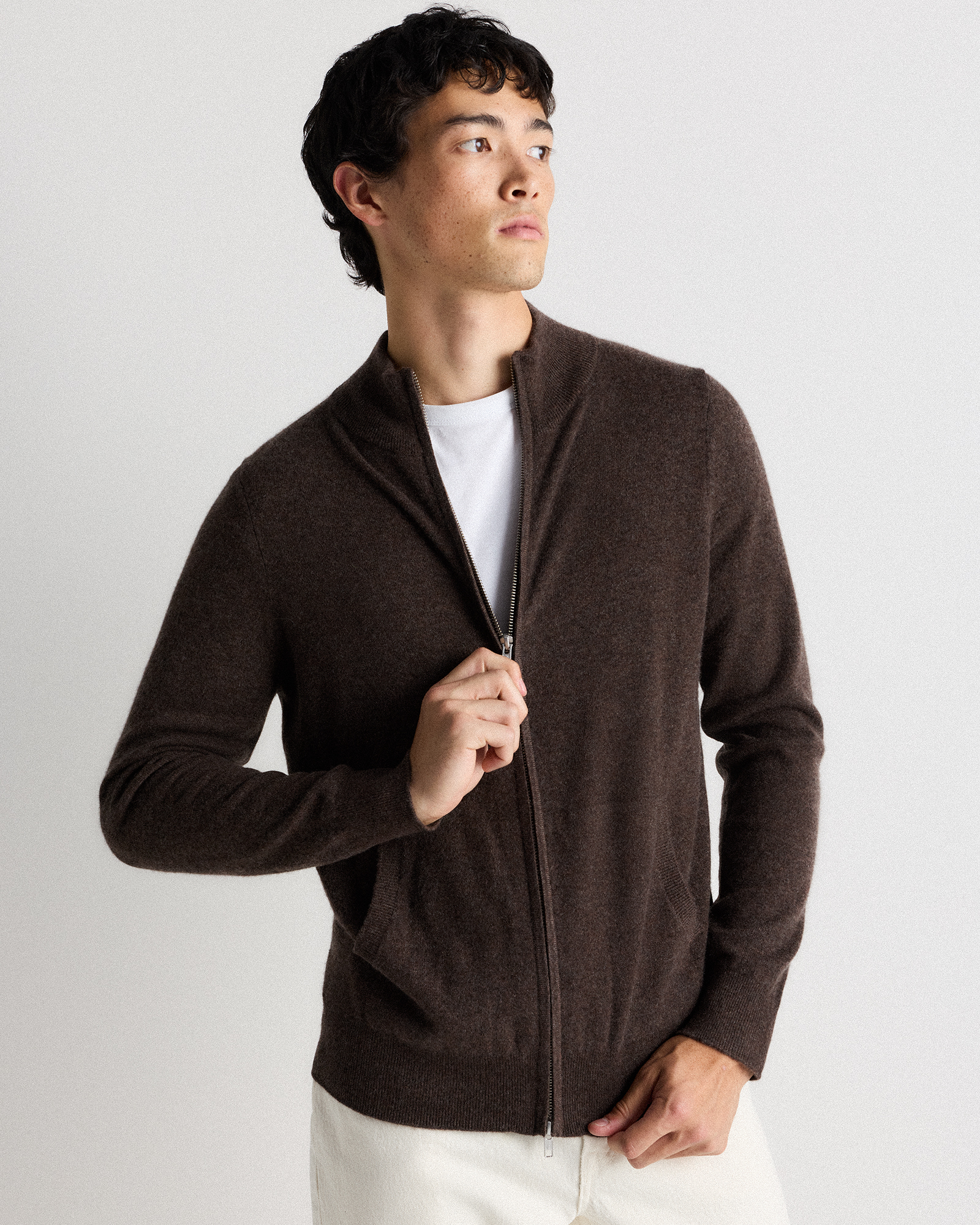 Heather Truffle Brown Mongolian Cashmere Full Zip Sweater