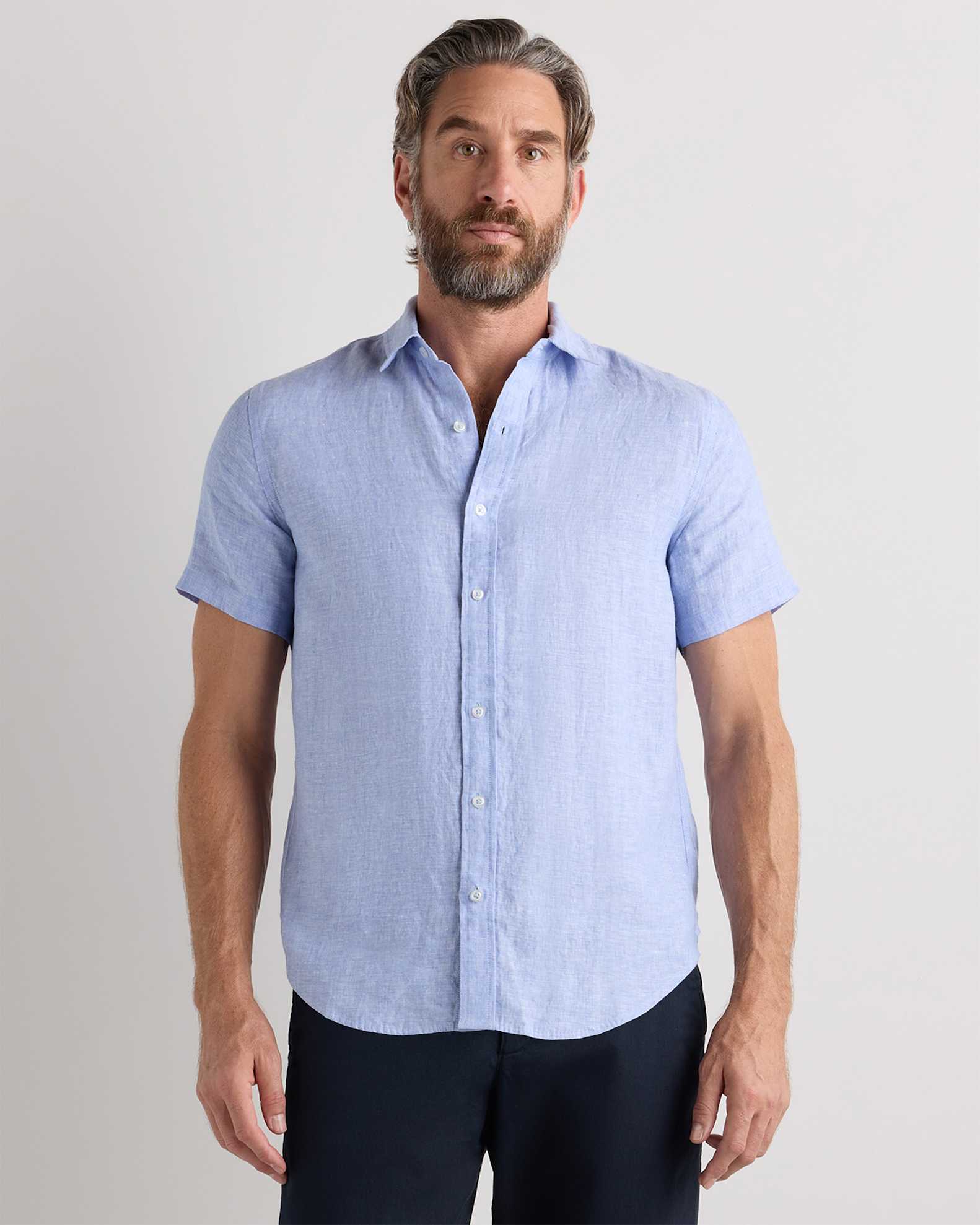 Men's 100% European Linen Short Sleeve Shirt in French Blue Men's 100% European Linen Short Sleeve Shirt in French Blue