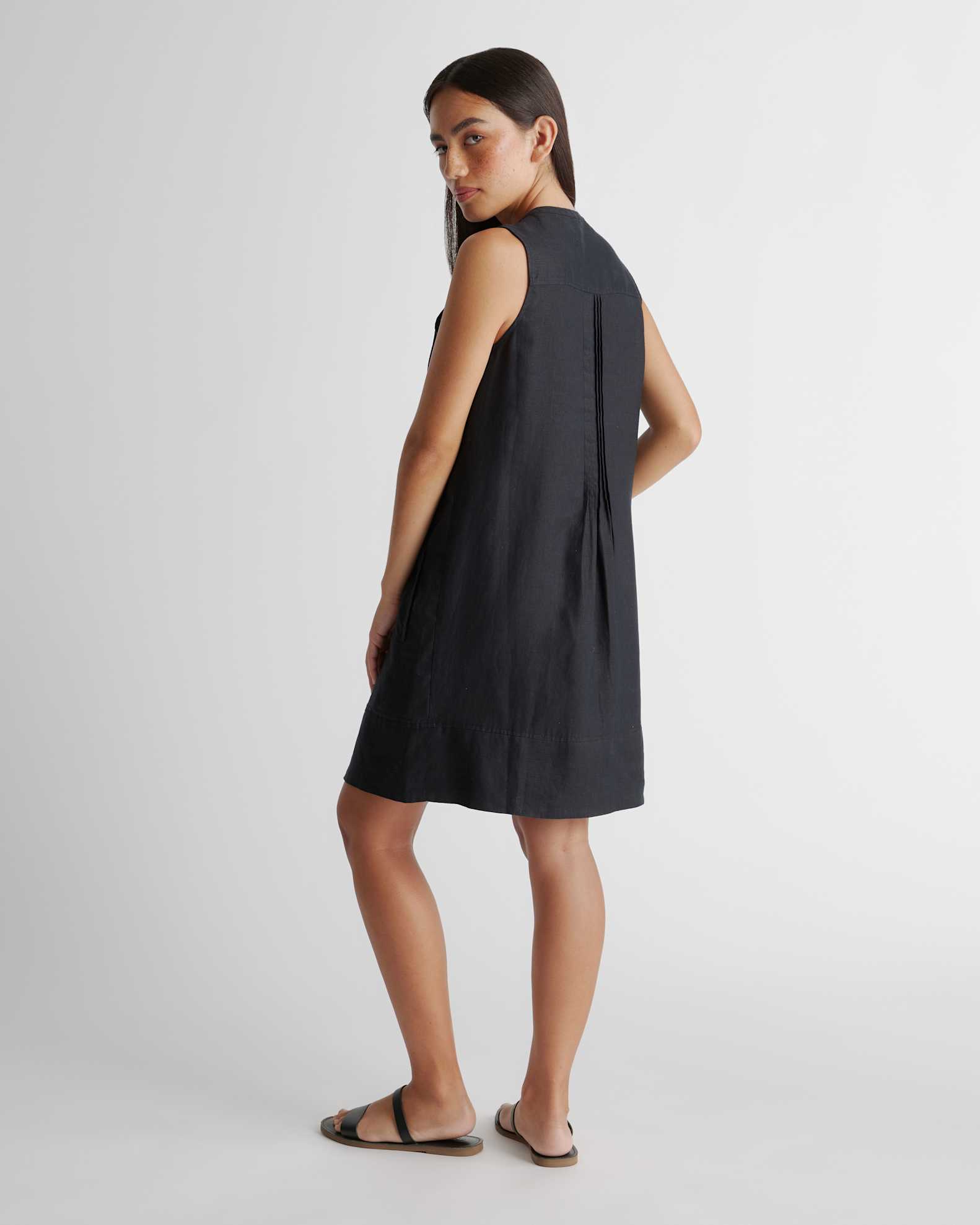 Quince Women's Sleeveless Swing Dress in Black, Size XL - 100% European Linen, Eco-Friendly, Pleat Detailing Quince Women's Sleeveless Swing Dress in Black, Size XL - 100% European Linen, Eco-Friendly, Pleat Detailing